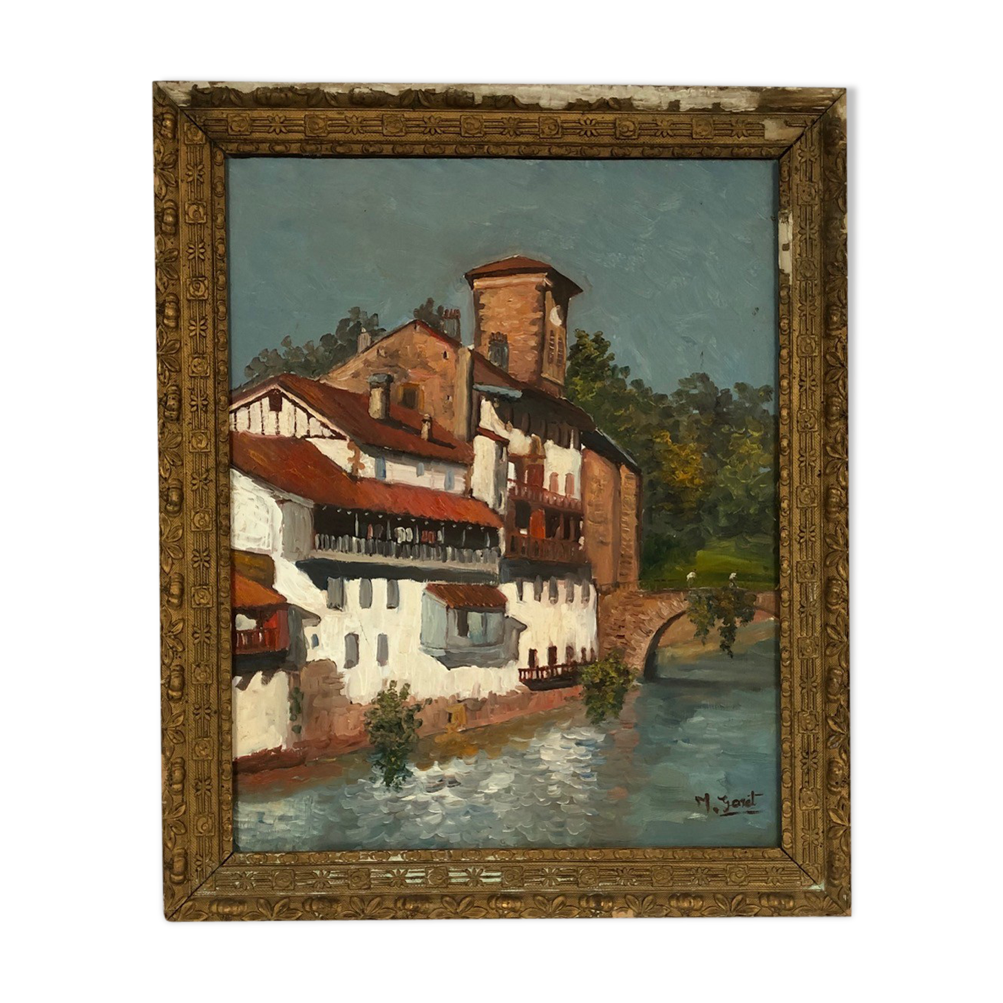 "St Jean Pied de Port",  huile sur panneau encadrée et signée M. Garet, XXème