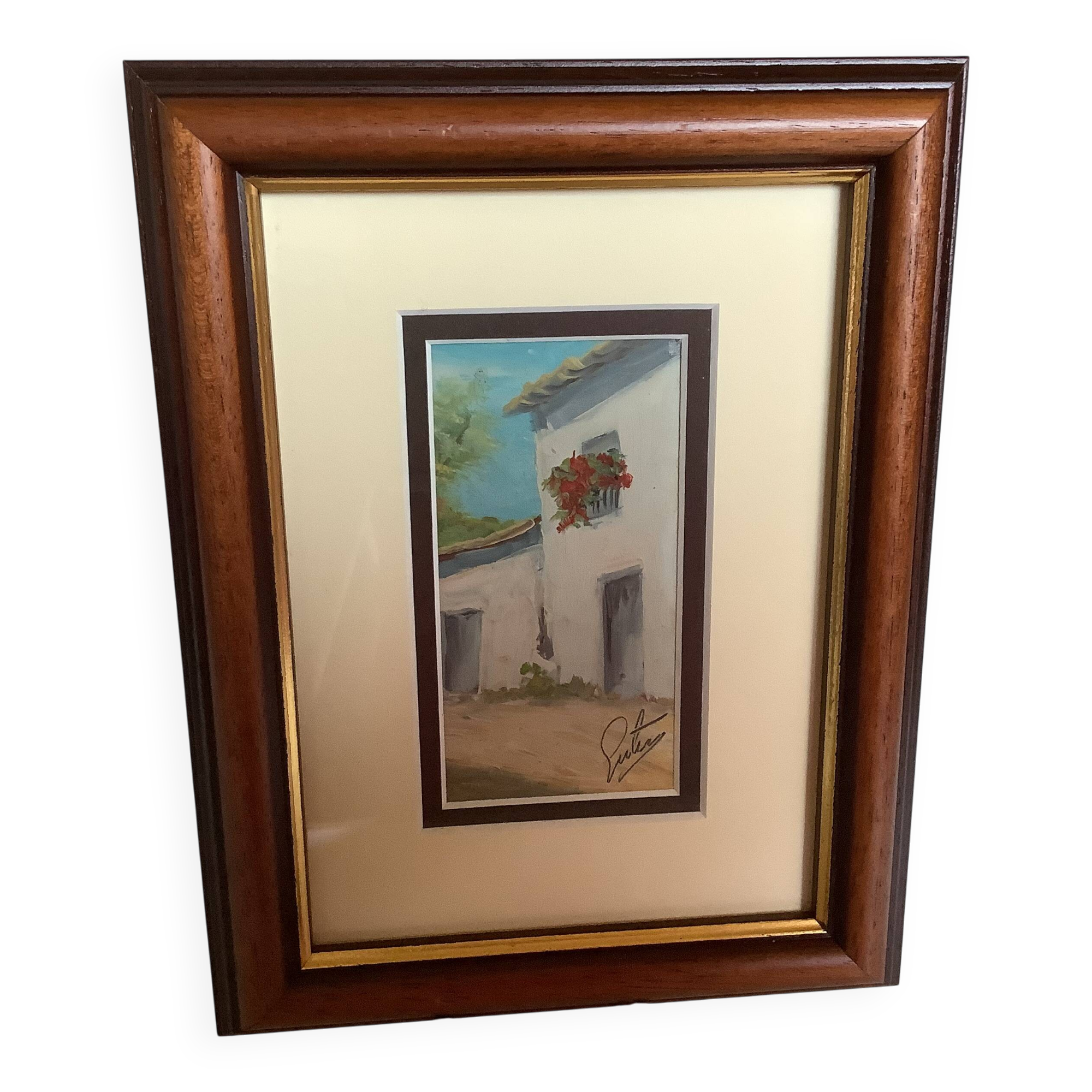 Small village painting, oil on panel, signed