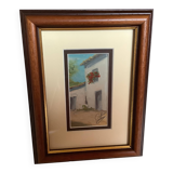 Small village painting, oil on panel, signed