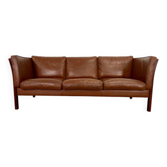 Vintage danish stouby dark cognac leather and rose stained beechwood frame 3 seater sofa