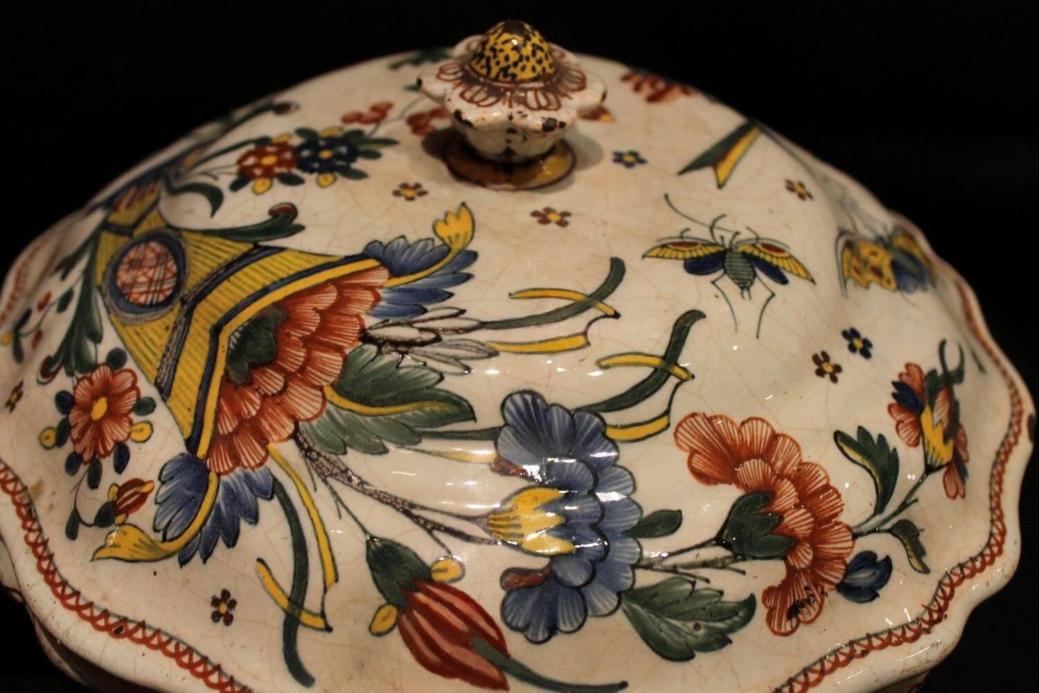 Antique French Faience Lidded Bowl Tureen Hand Painted with Flowers and Insects