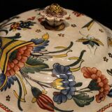 Antique French Faience Lidded Bowl Tureen Hand Painted with Flowers and Insects