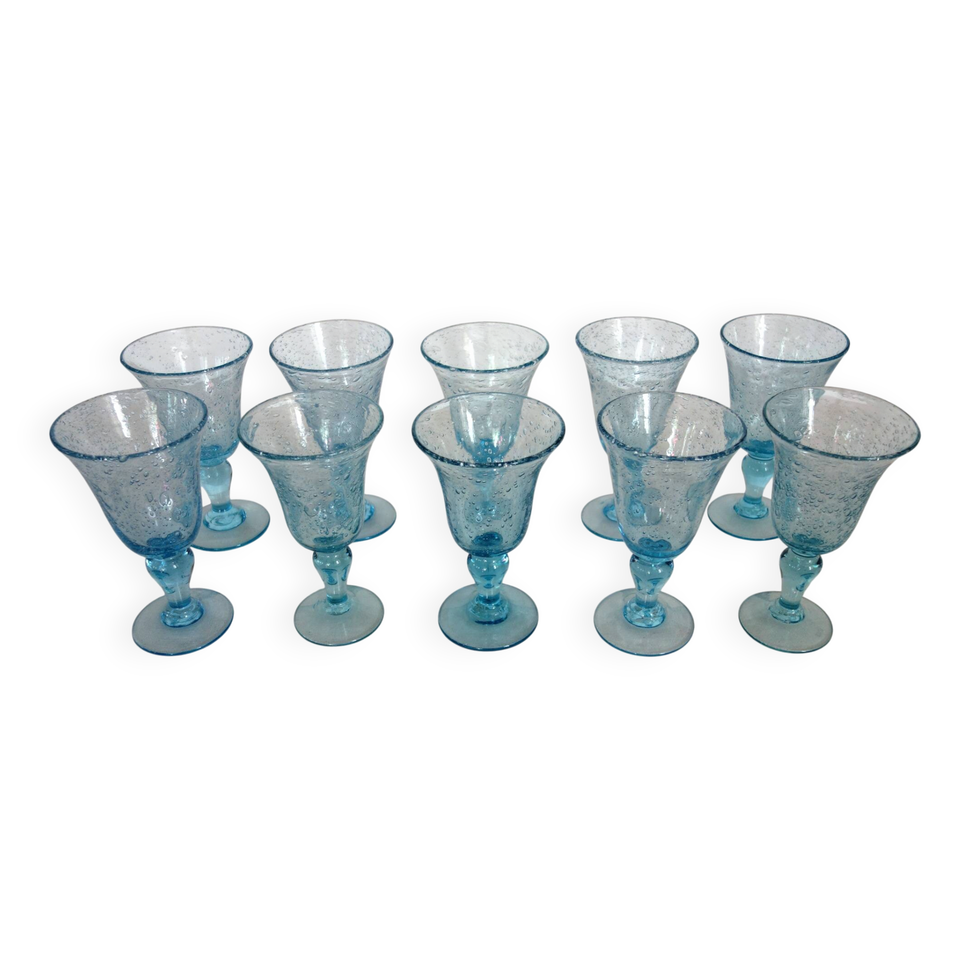 10 footed glasses from the biot glassworks in blown glass.
