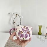 Vintage slip cup / mug - Orchid floral pattern - Lilac and white tones