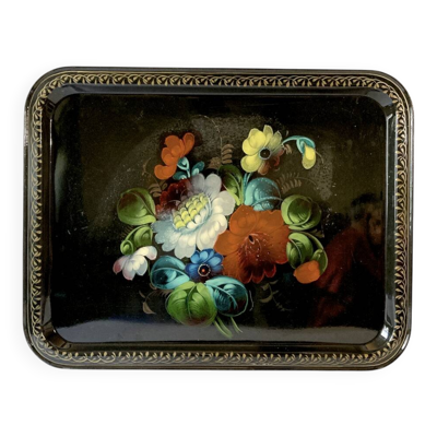 Plateau Jostovo en métal peint, motifs fleurs, Made in USSR