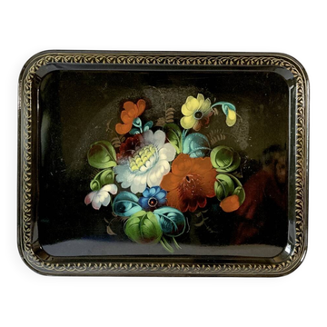 Jostovo painted metal tray, floral motifs, Made in USSR