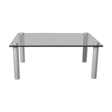 Table basse piétements cylindriques, plateau verre fumé, circa 1970