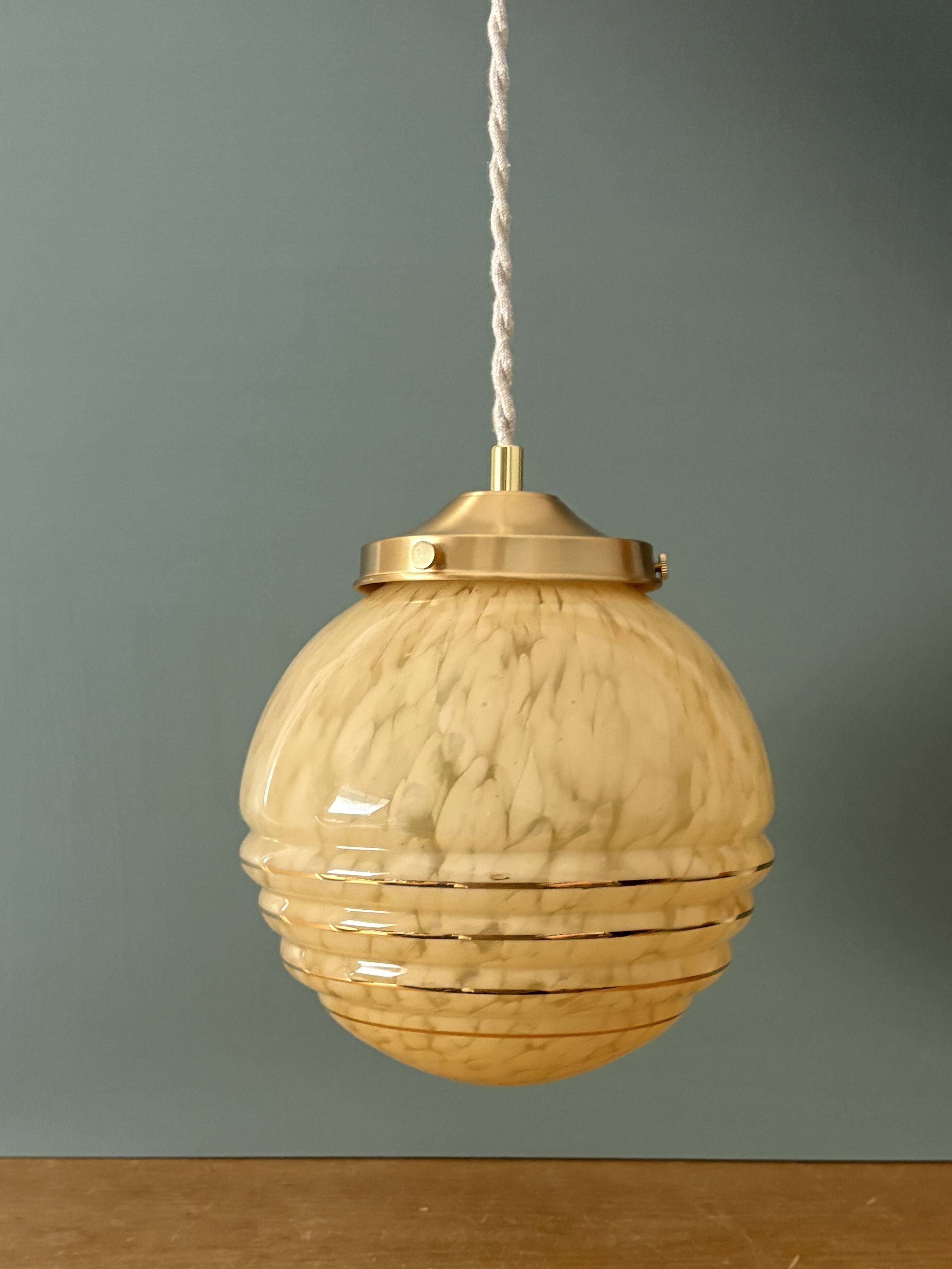 Vintage art deco globe pendant light in yellow and gold Clichy glass
