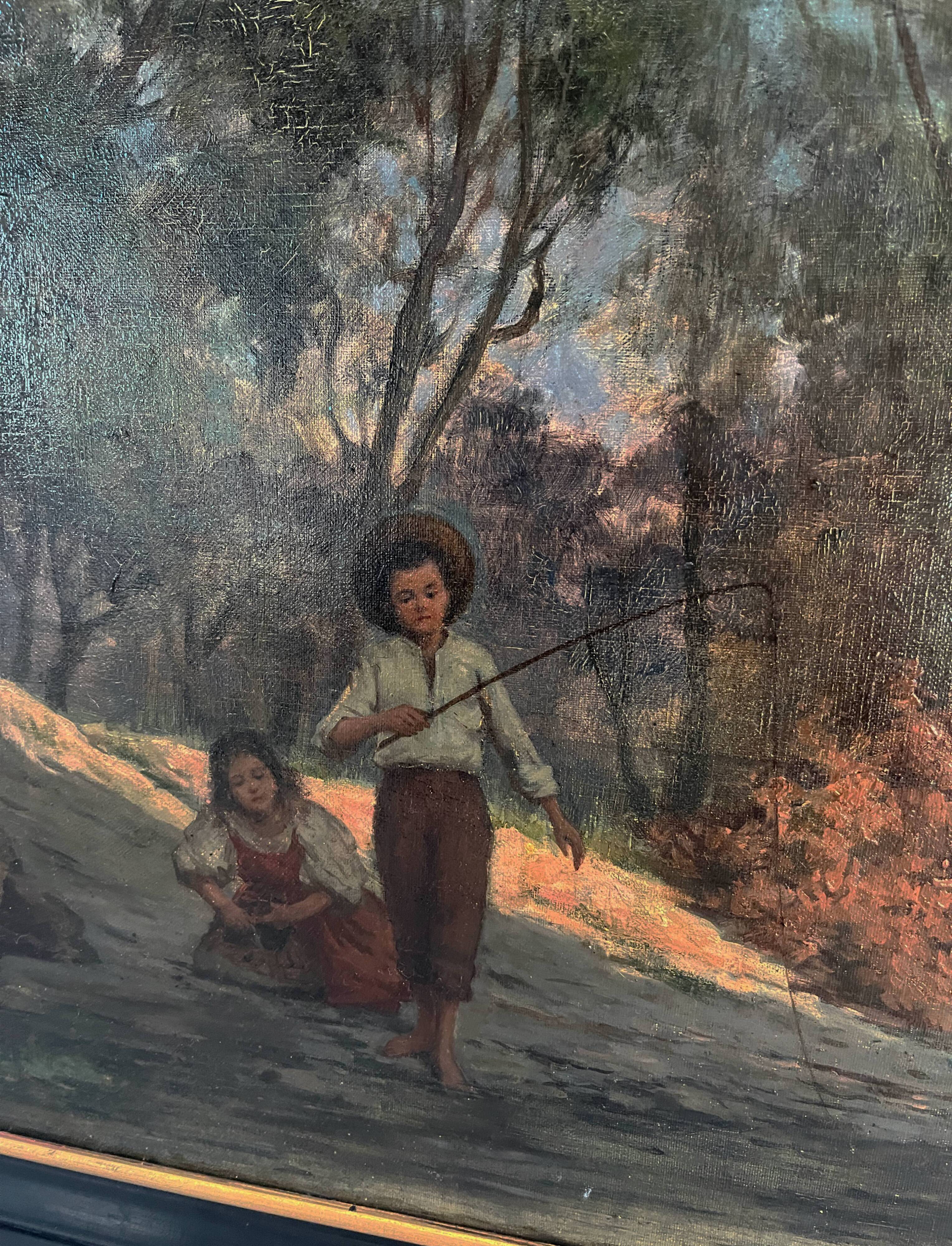 HST painting (19th/20th century) Children fishing in the undergrowth