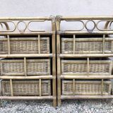 Pair of vintage bedside tables, with 3 drawers, bamboo and rattan