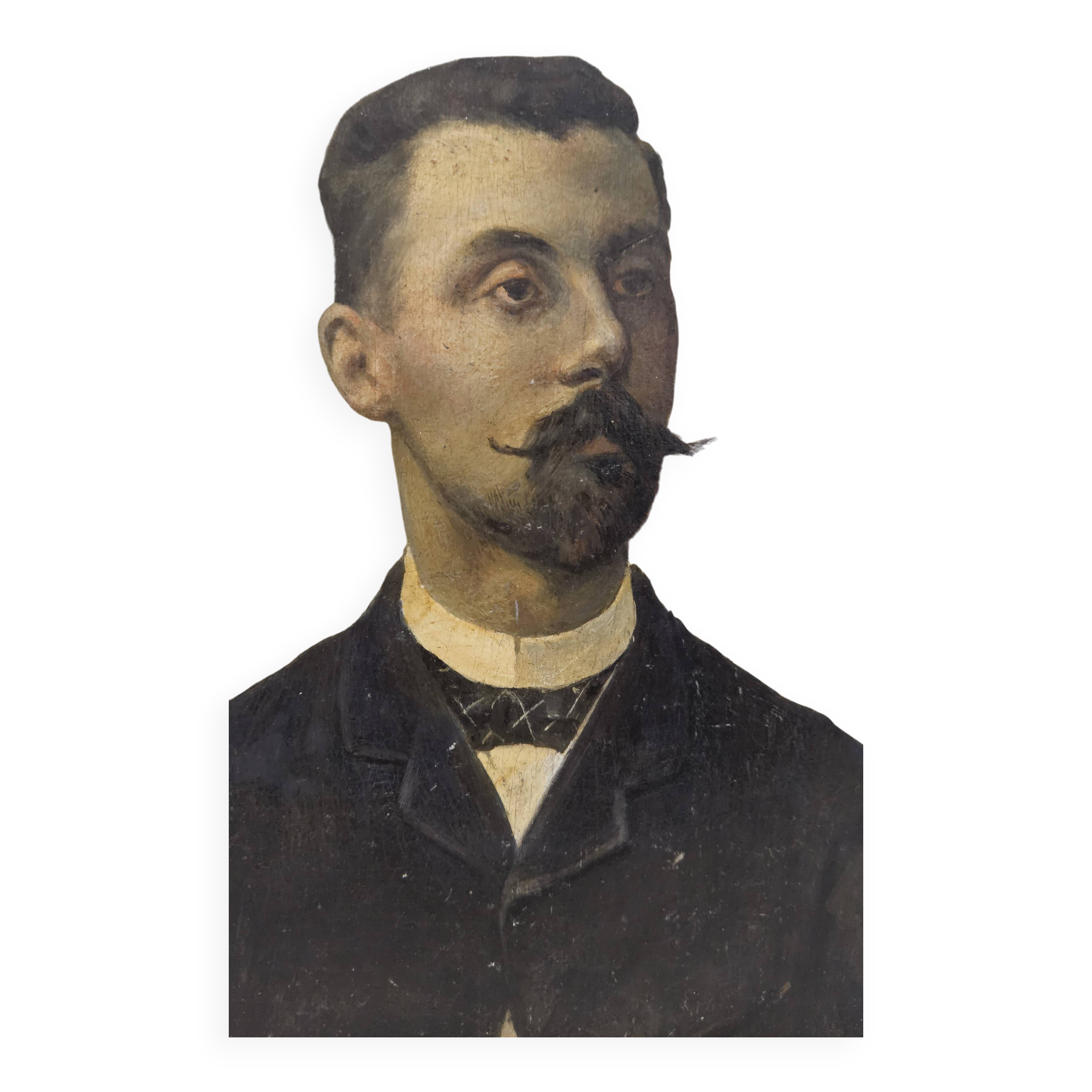 Portrait huile sur panneau - Homme à la moustache