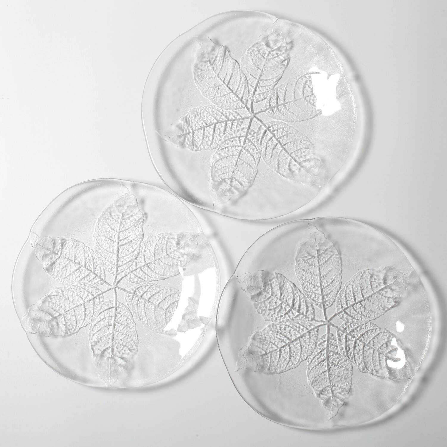 Set of 3 Vintage Kosta Boda Glass Plates / Scandinavian Leaf Design / 1975