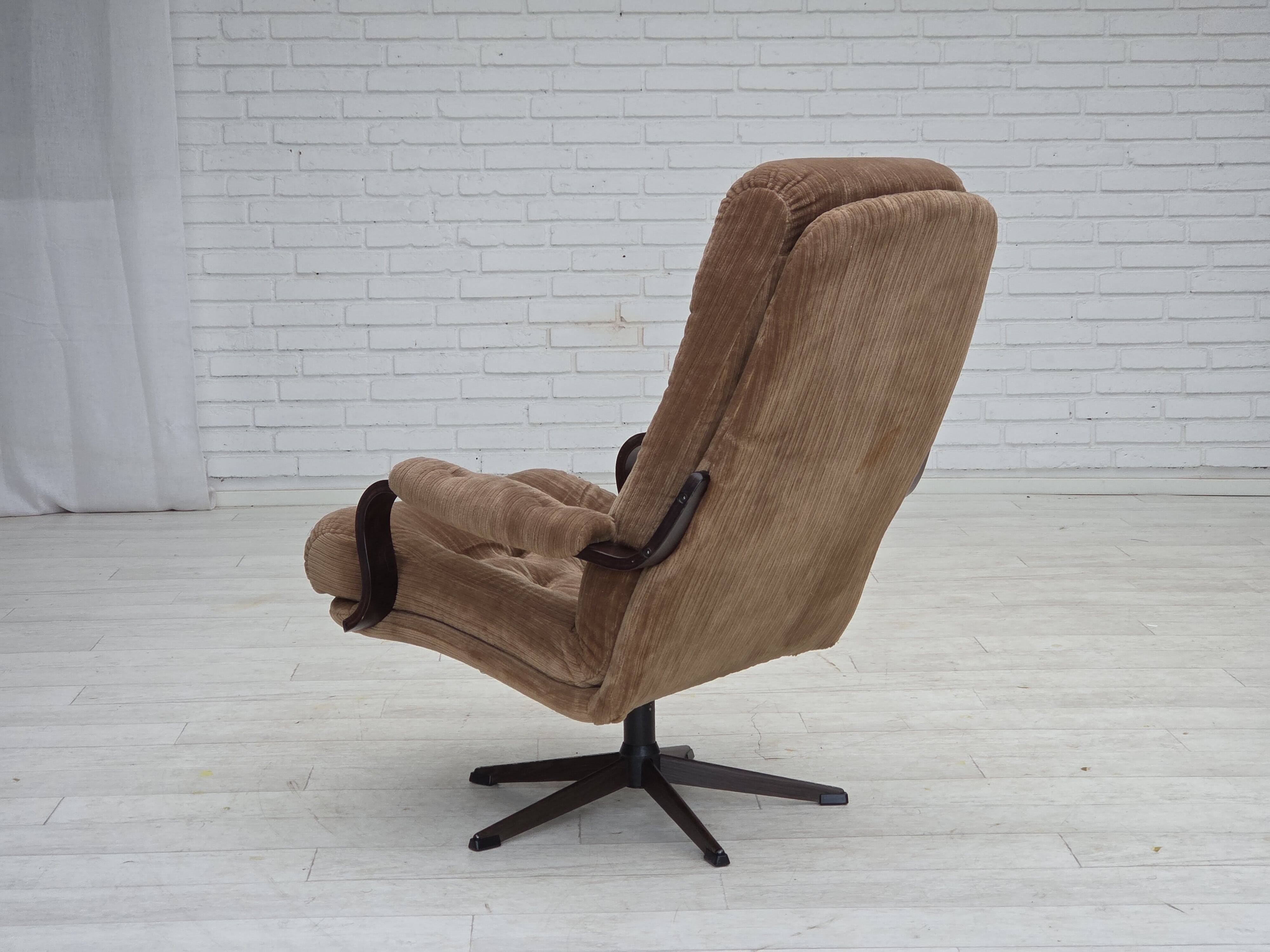 1970s, Danish swivel armchair, furniture corduroy, dark beech wood.