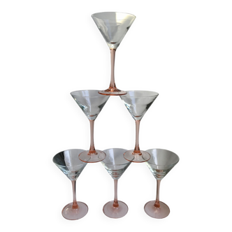 Set of 6 cocktail glasses / champagne glasses with pink feet Made in France 1970s
