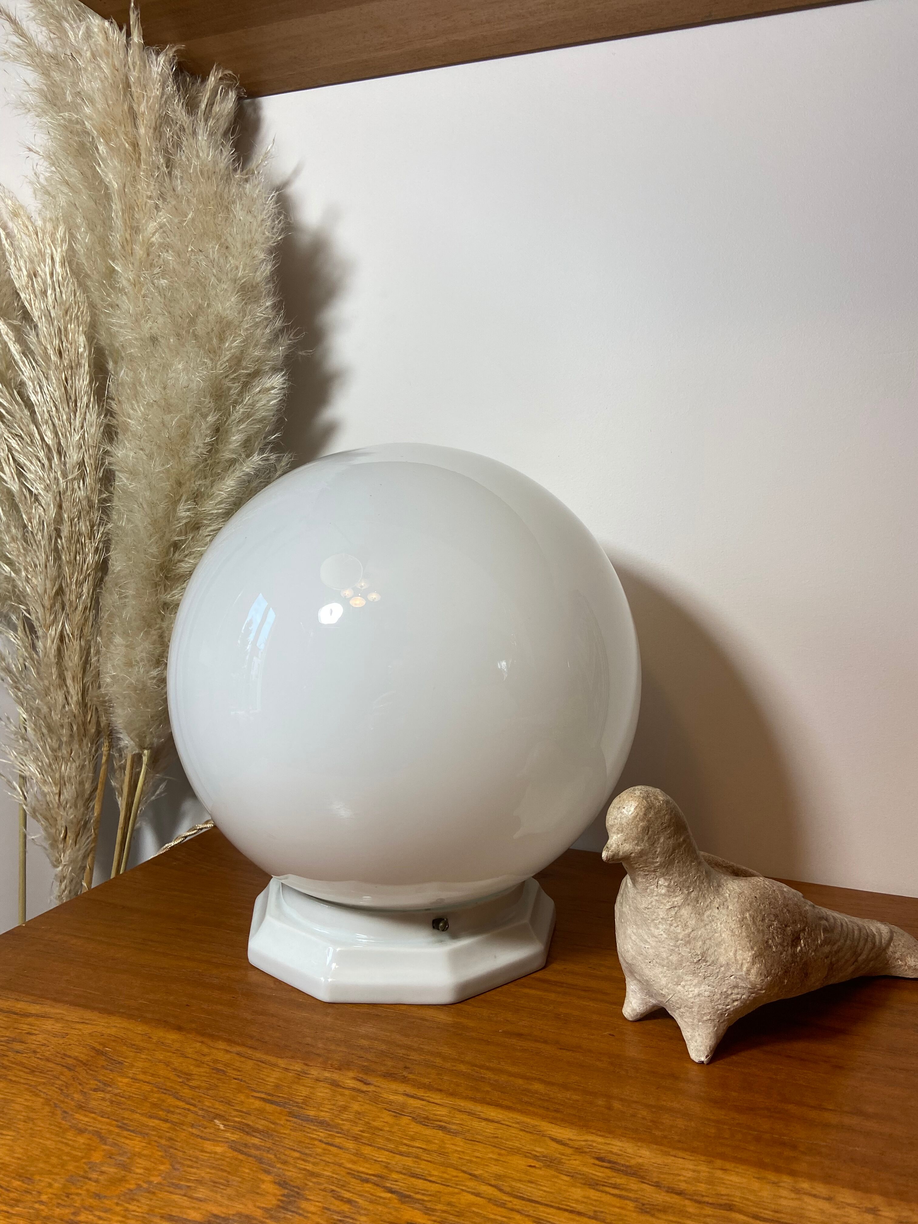 Vintage table lamp opaline ball and earthenware base