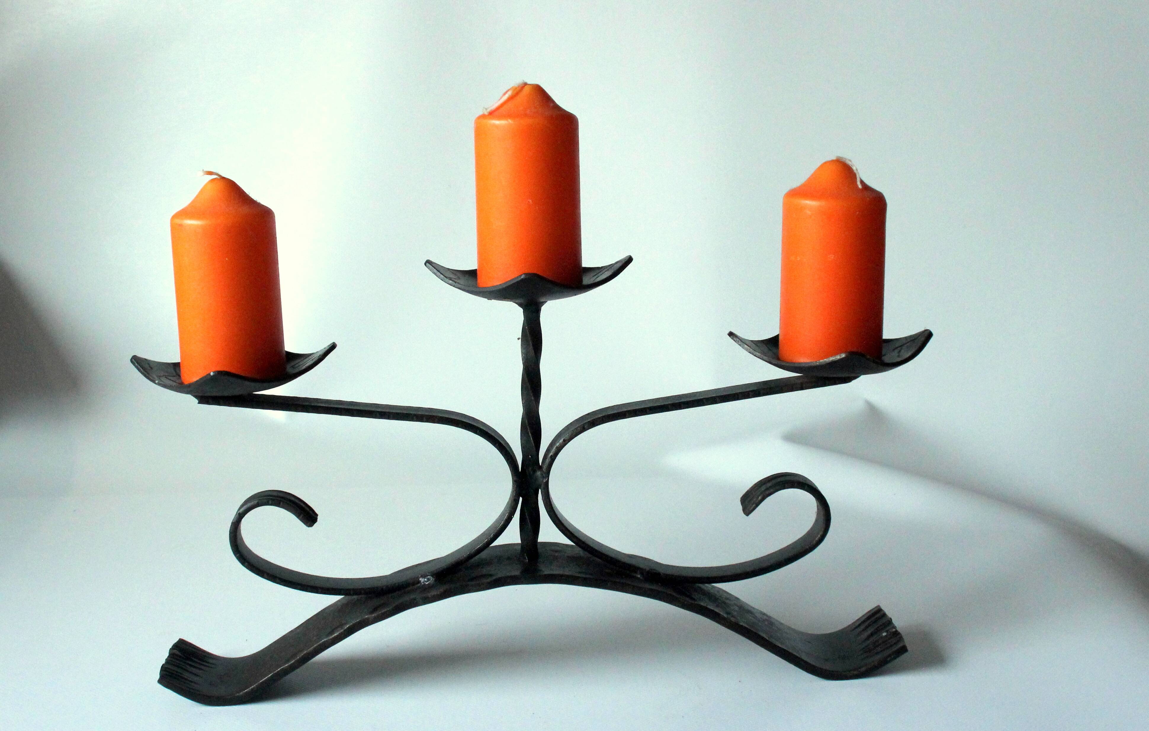Handmade wrought iron candle holder, 3 arms, vintage