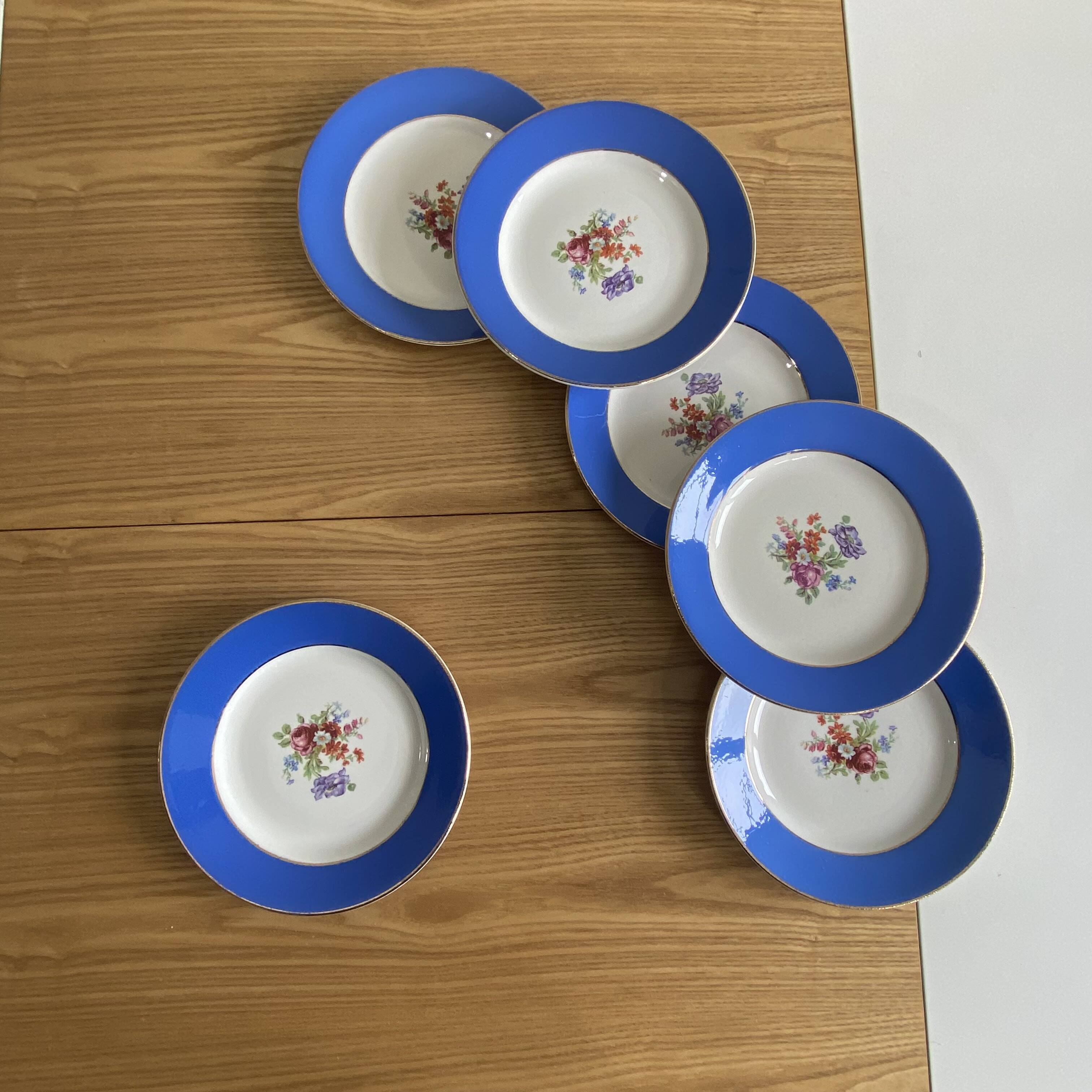 6 blue antique earthenware plates with flowers and gilding from Saint Amand Hamage.