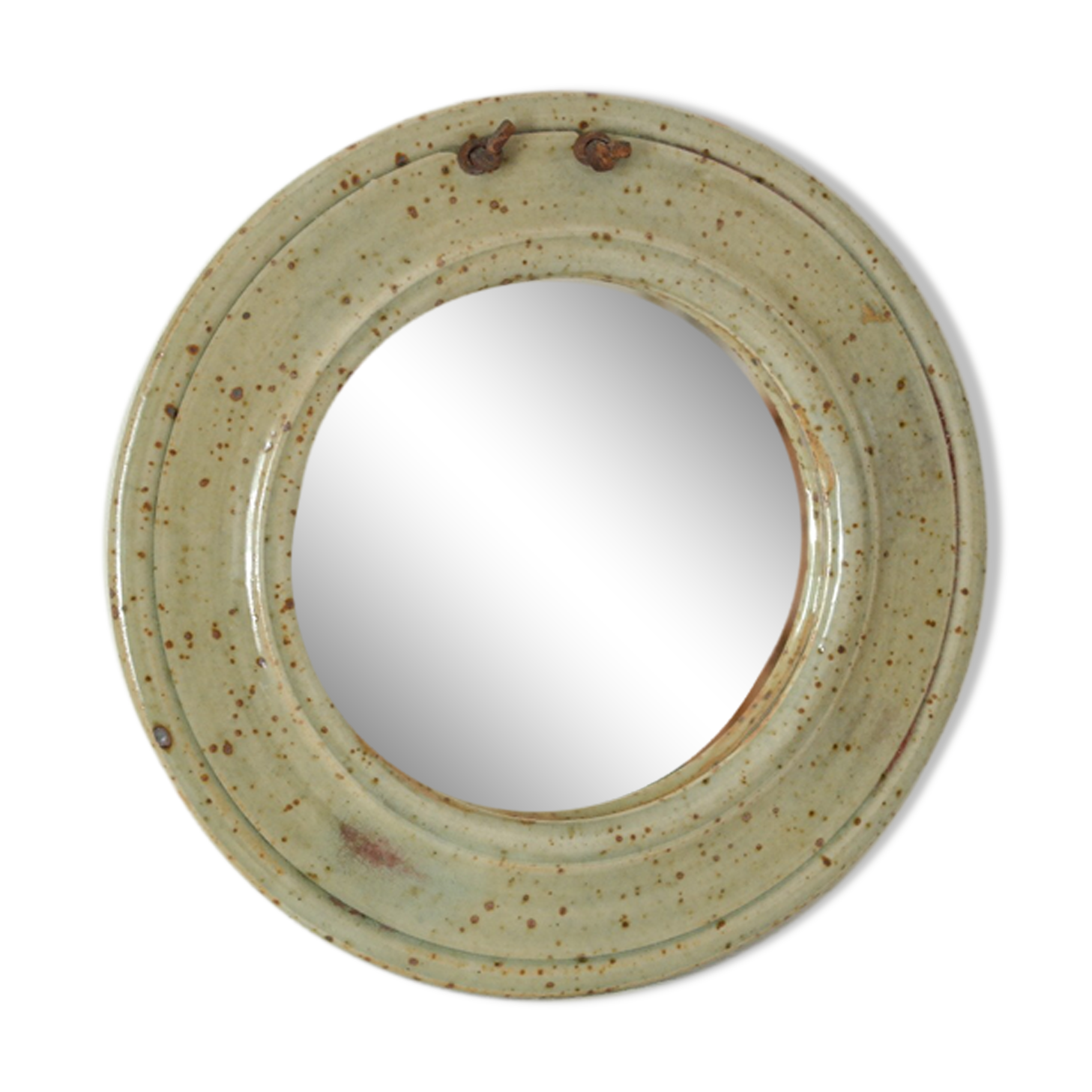 Artisanal round mirror in vintage green sandstone signed