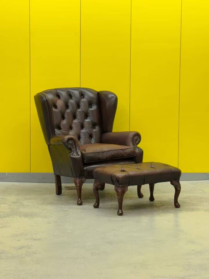 Dark Brown leather chesterfield wing chair with Ottoman