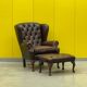 Dark Brown leather chesterfield wing chair with Ottoman