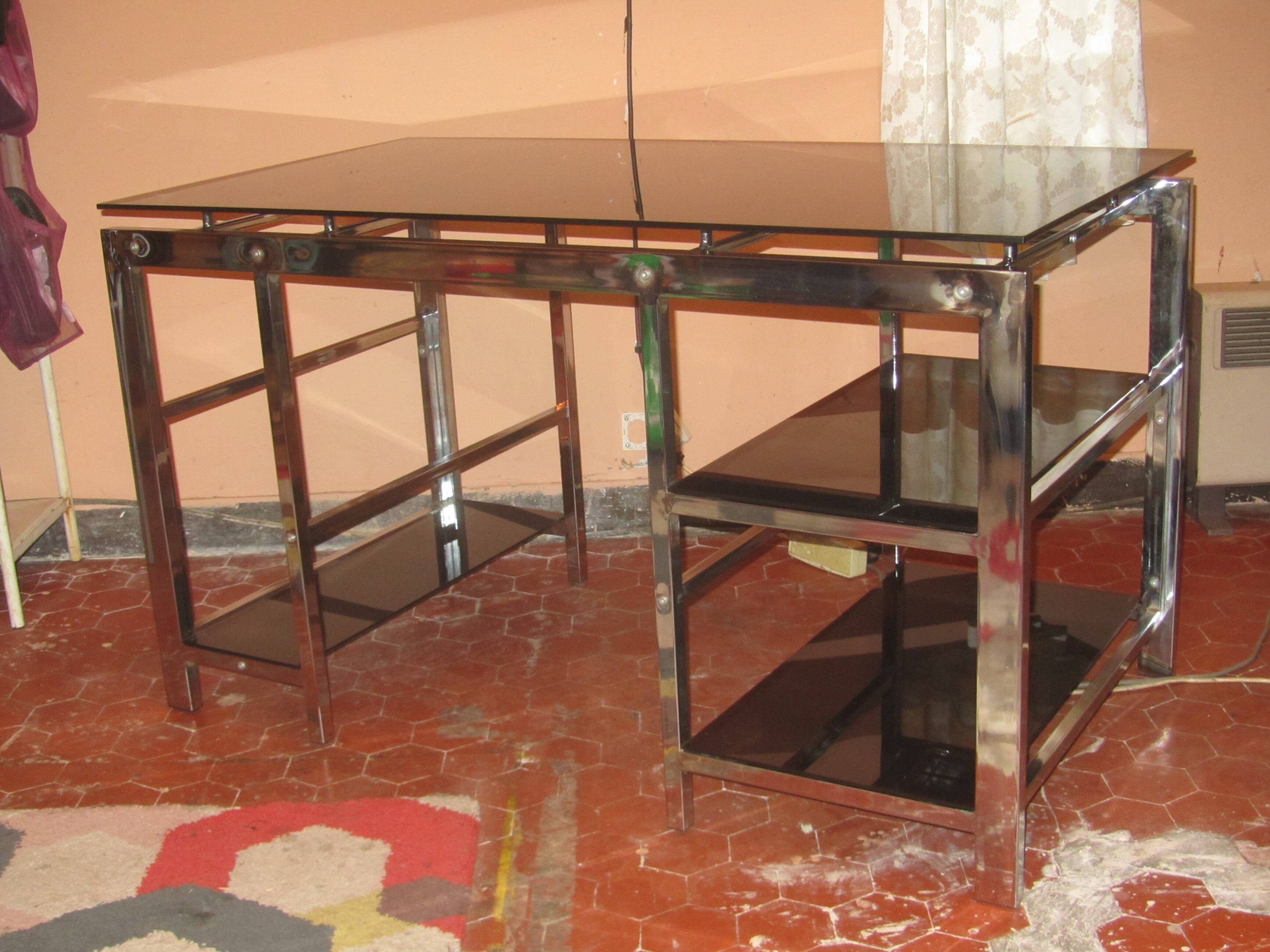 Vintage 70s chrome and smoked glass desk.