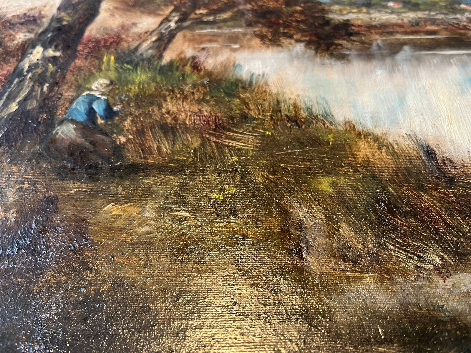 Tableau HST "Animated Lakeside Landscape" by Barbizon school, signed Décharme.