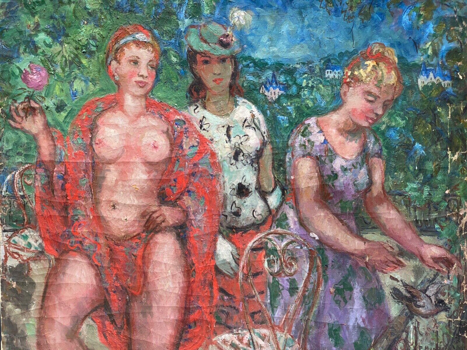 Oil on canvas by Pierre Monteret Three women twentieth
