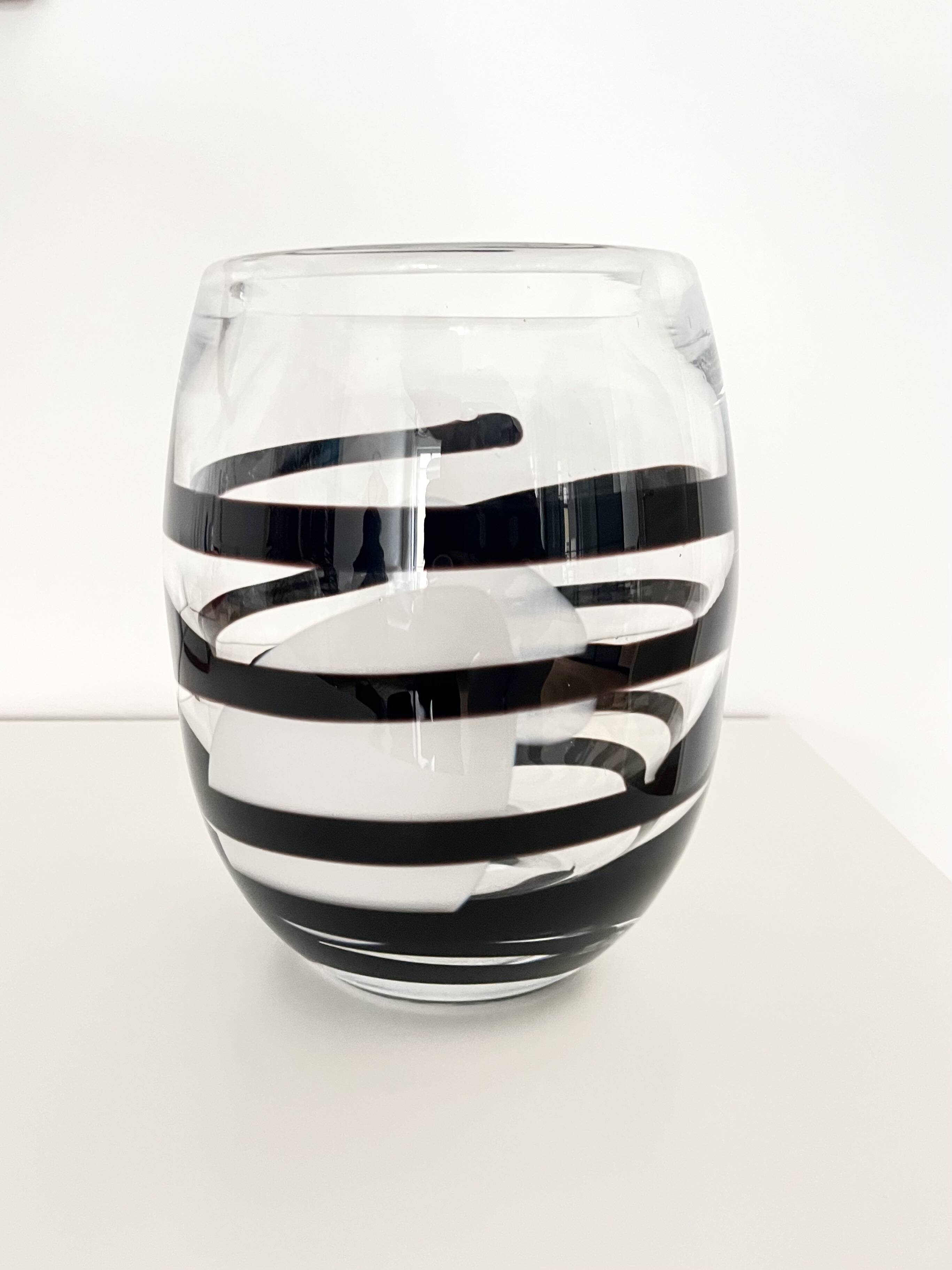 Vintage Kosta Boda Clear & Black Swirl Striped Art Vase, Sweden, 1990s