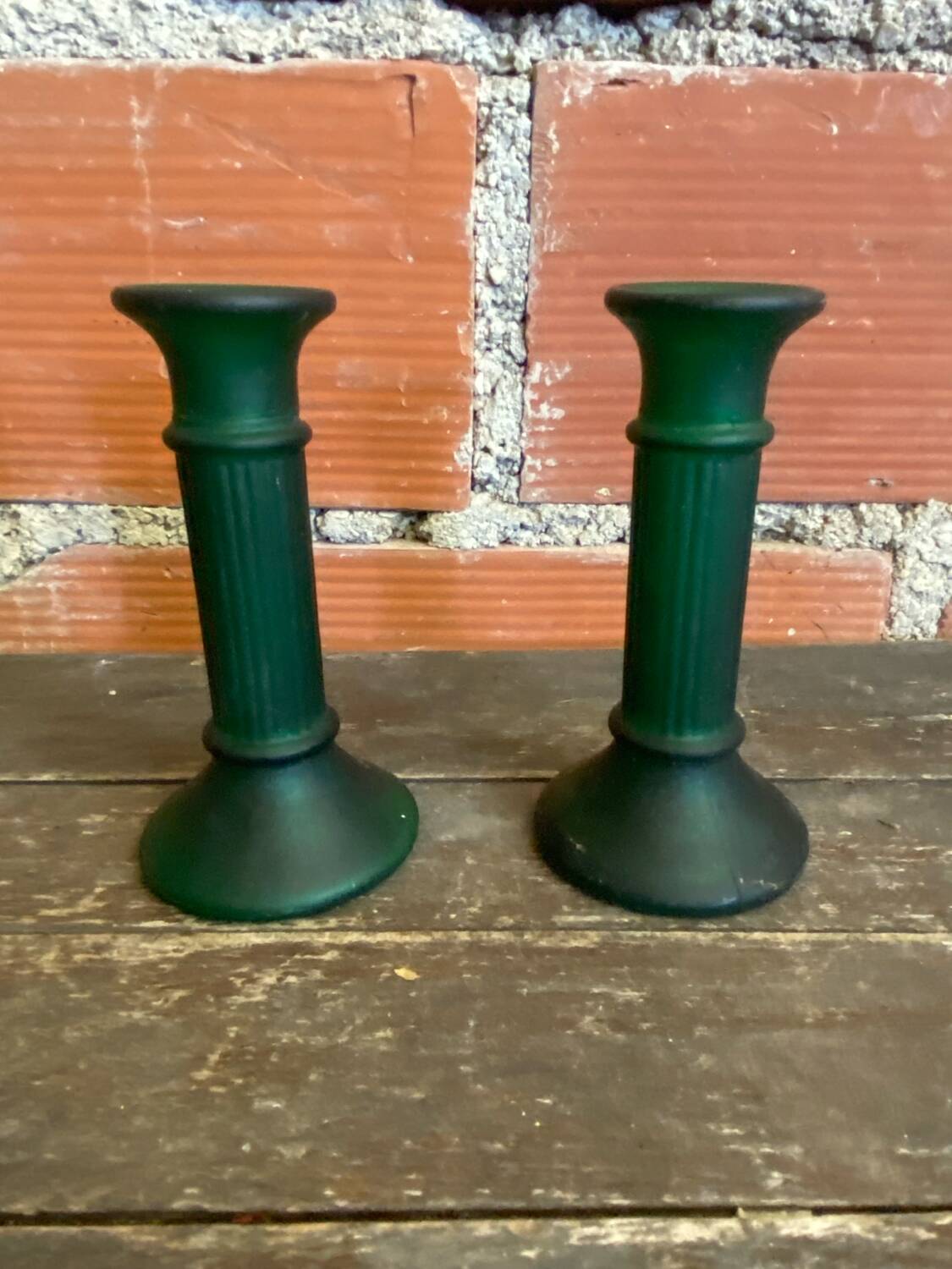 Pair of Antique Green Moulded Glass Candle Holders Column Shape Vintage #D813