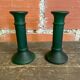 Pair of Antique Green Moulded Glass Candle Holders Column Shape Vintage #D813