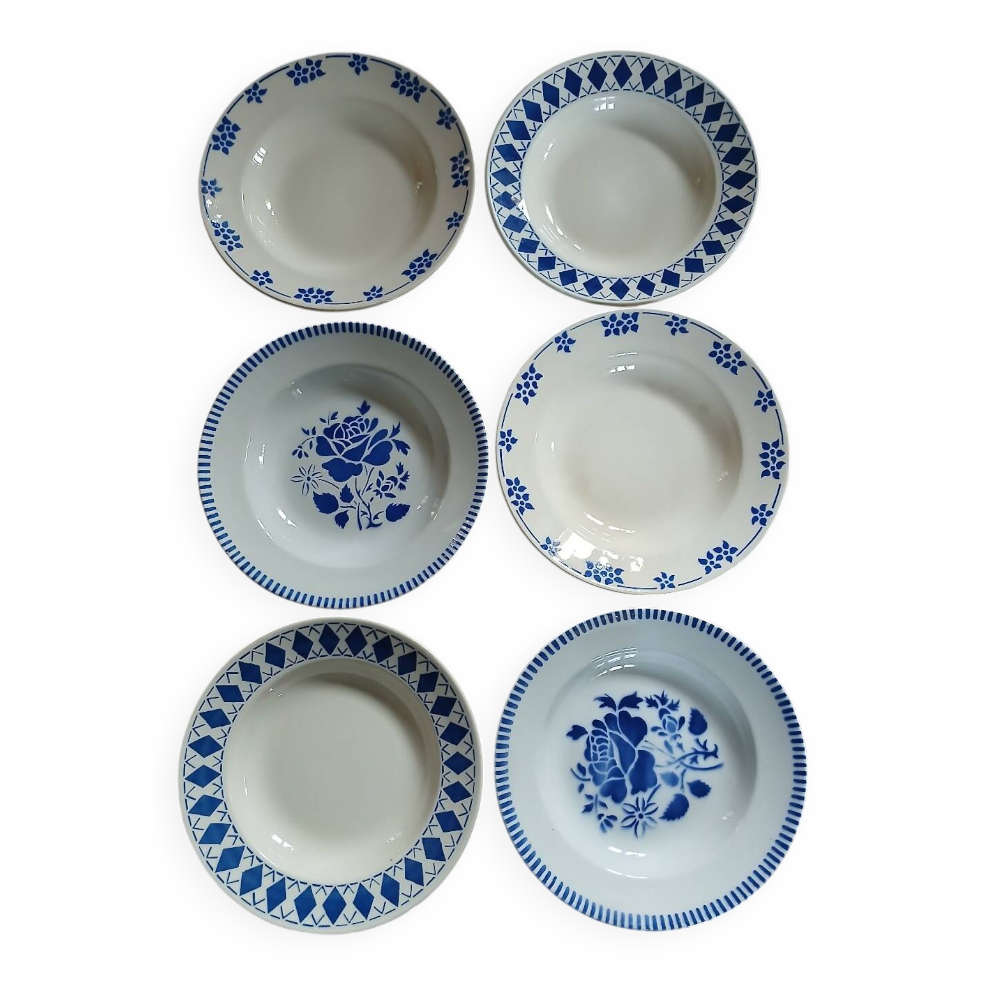 6 mismatched antique deep plates