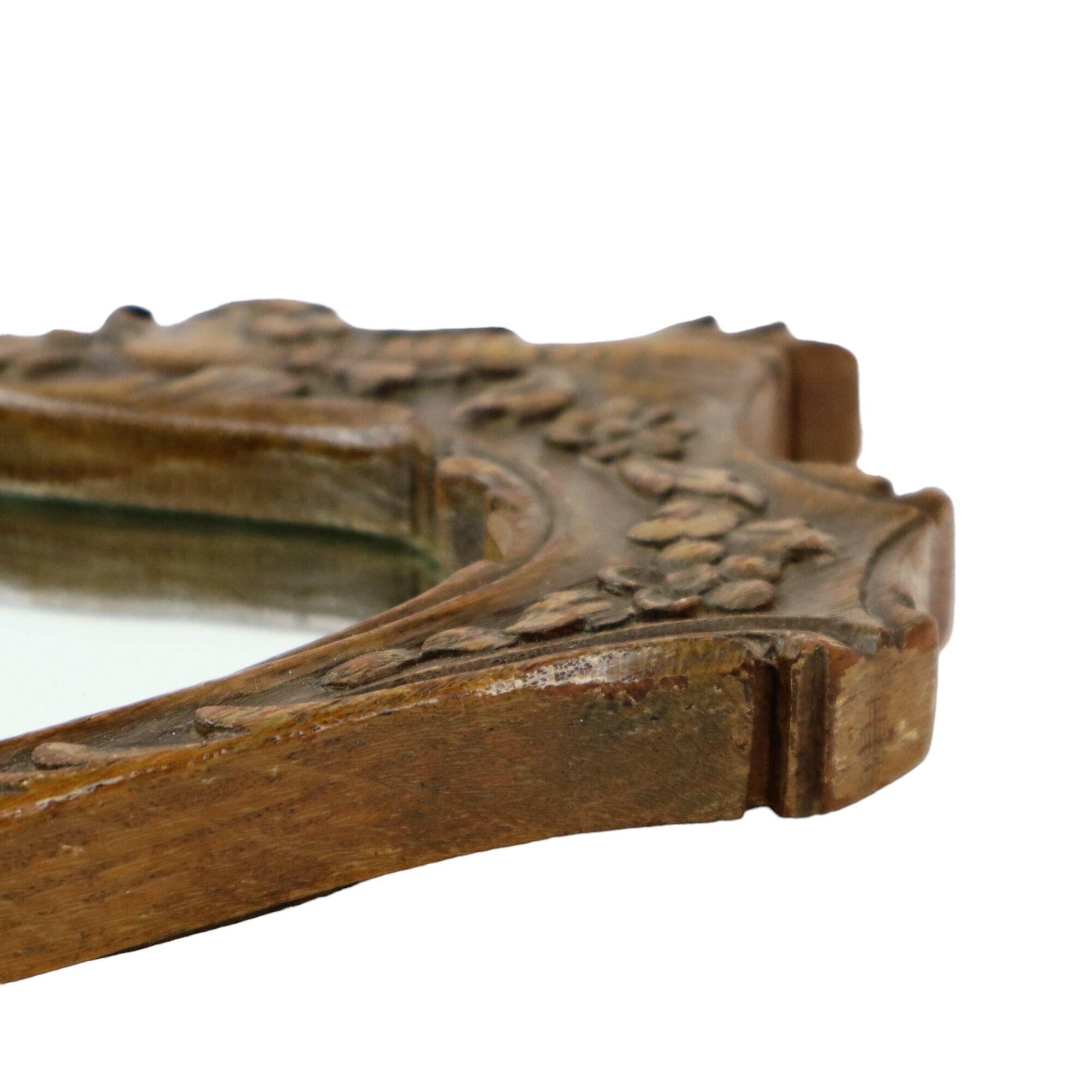 Old wooden hand mirror solid oak baroque flowers fish 39cm