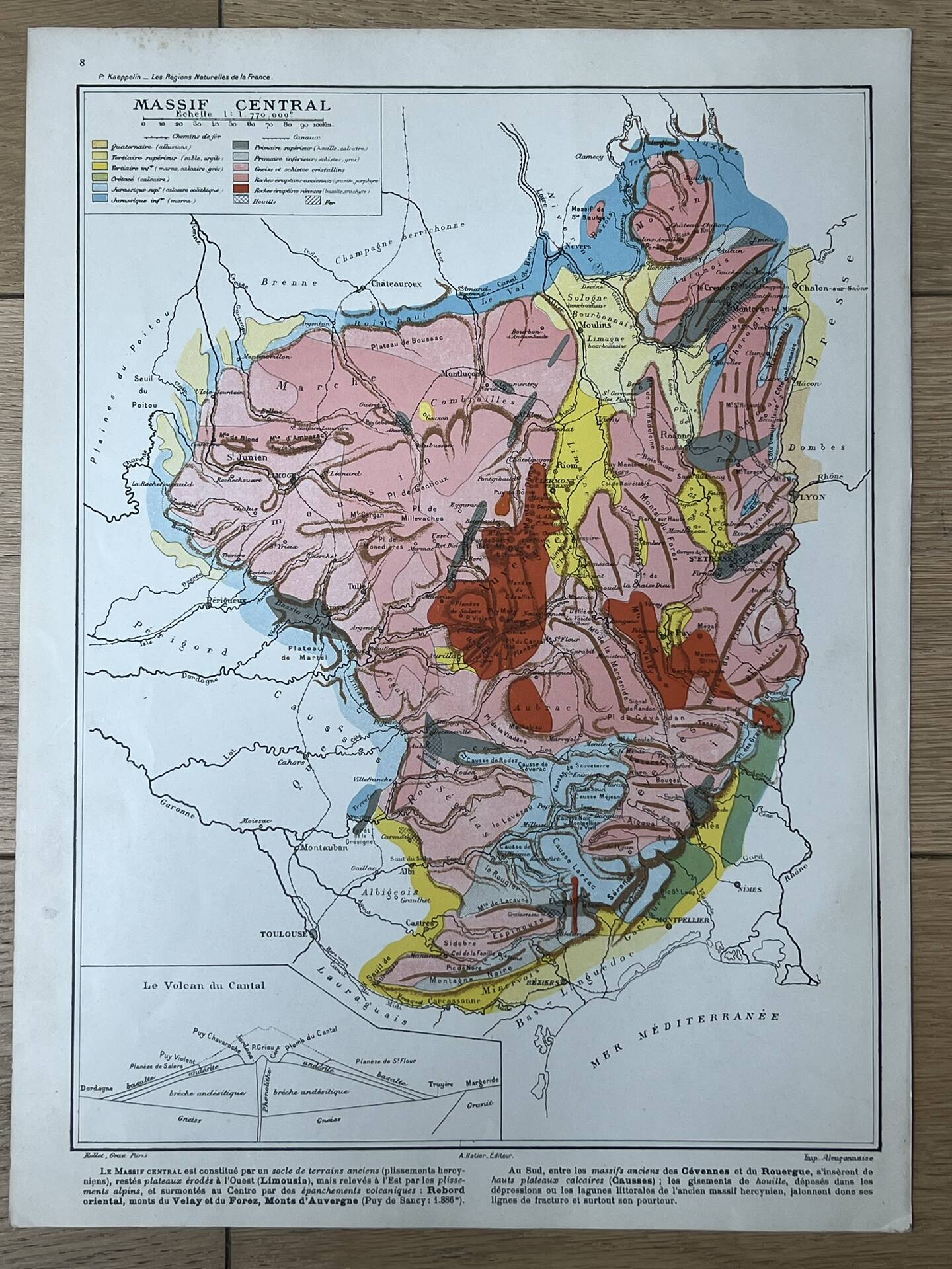 Original map of the Massif Central 37x27cm - 1908