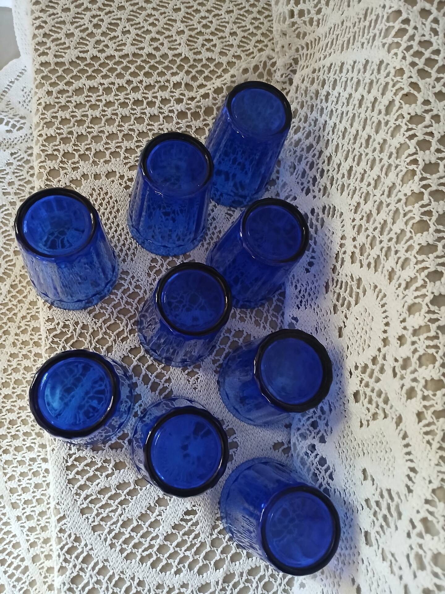 9 antique cobalt blue water glasses