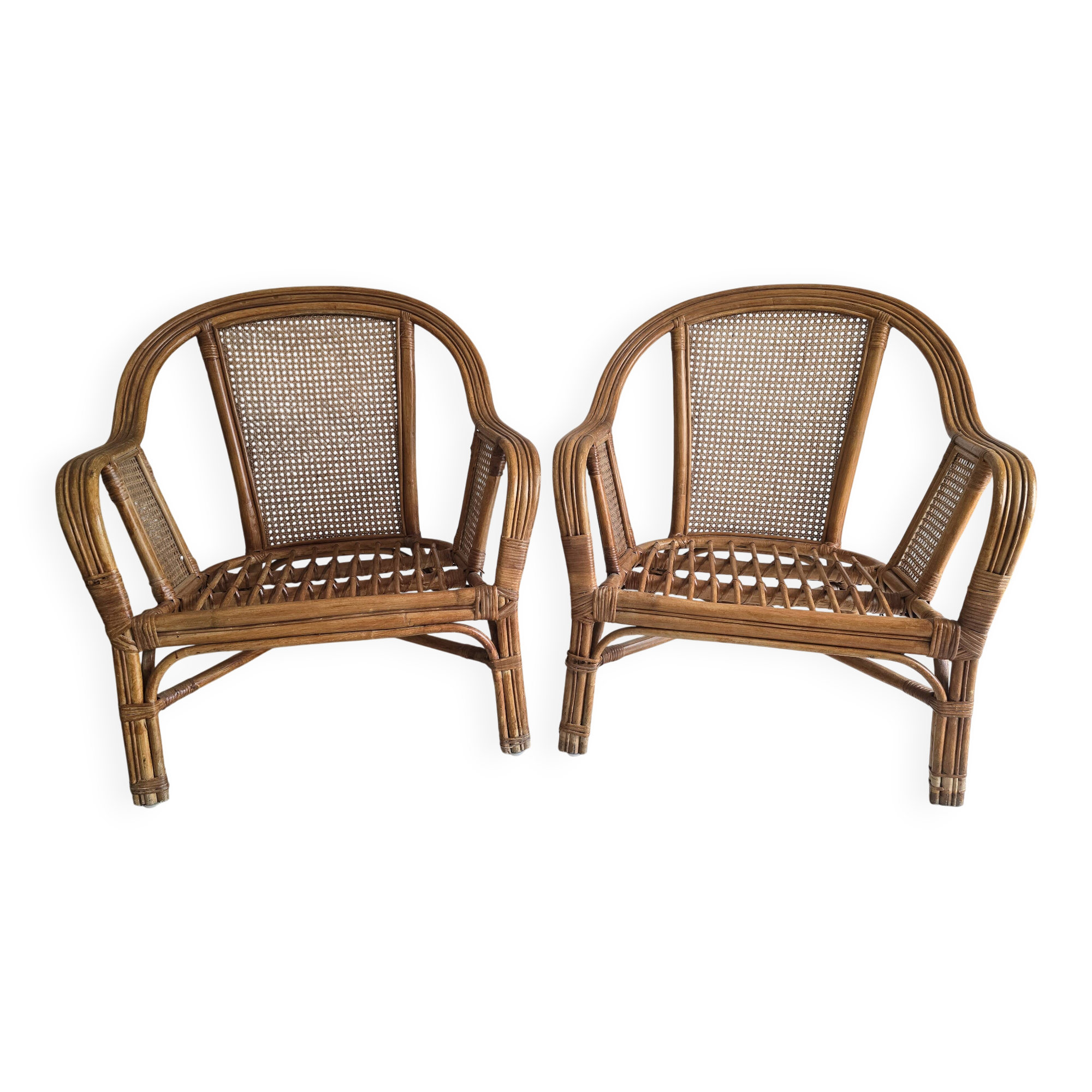 Pair of vintage rattan and cane armchairs – 1960s/70s
