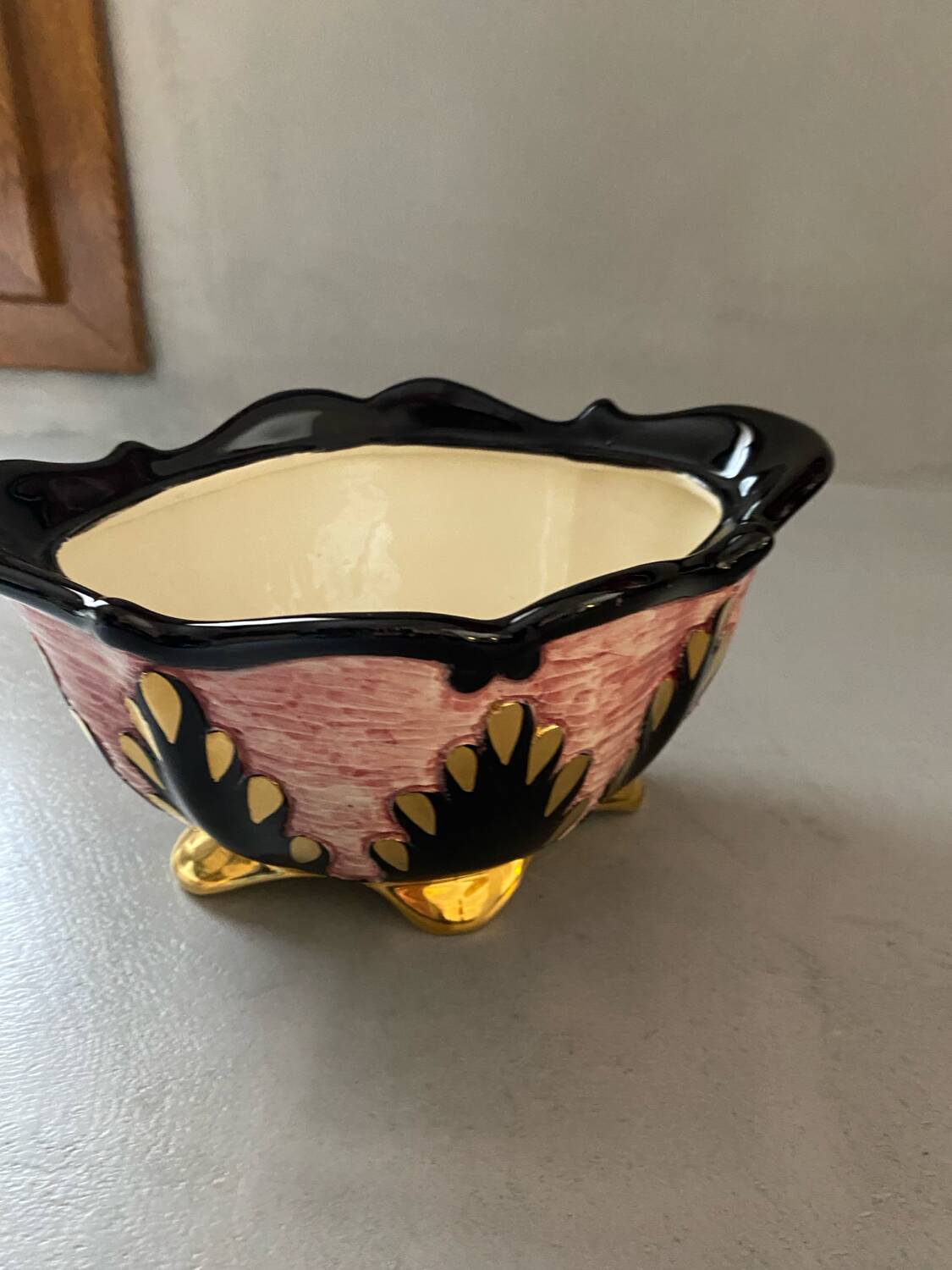 Signed pink gold ceramic candy dish