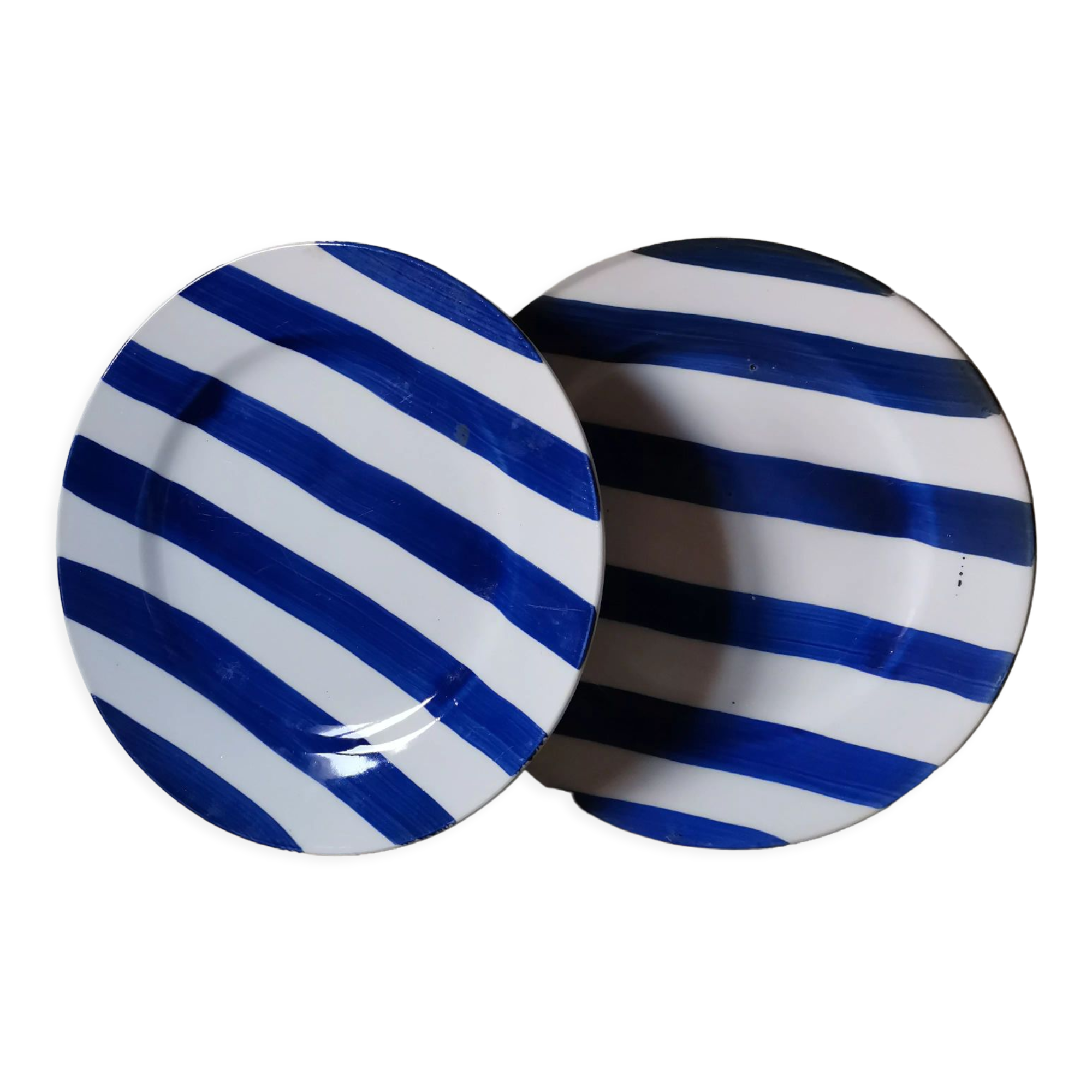 Set of 2 vintage plates in glazed stoneware with blue stripes
