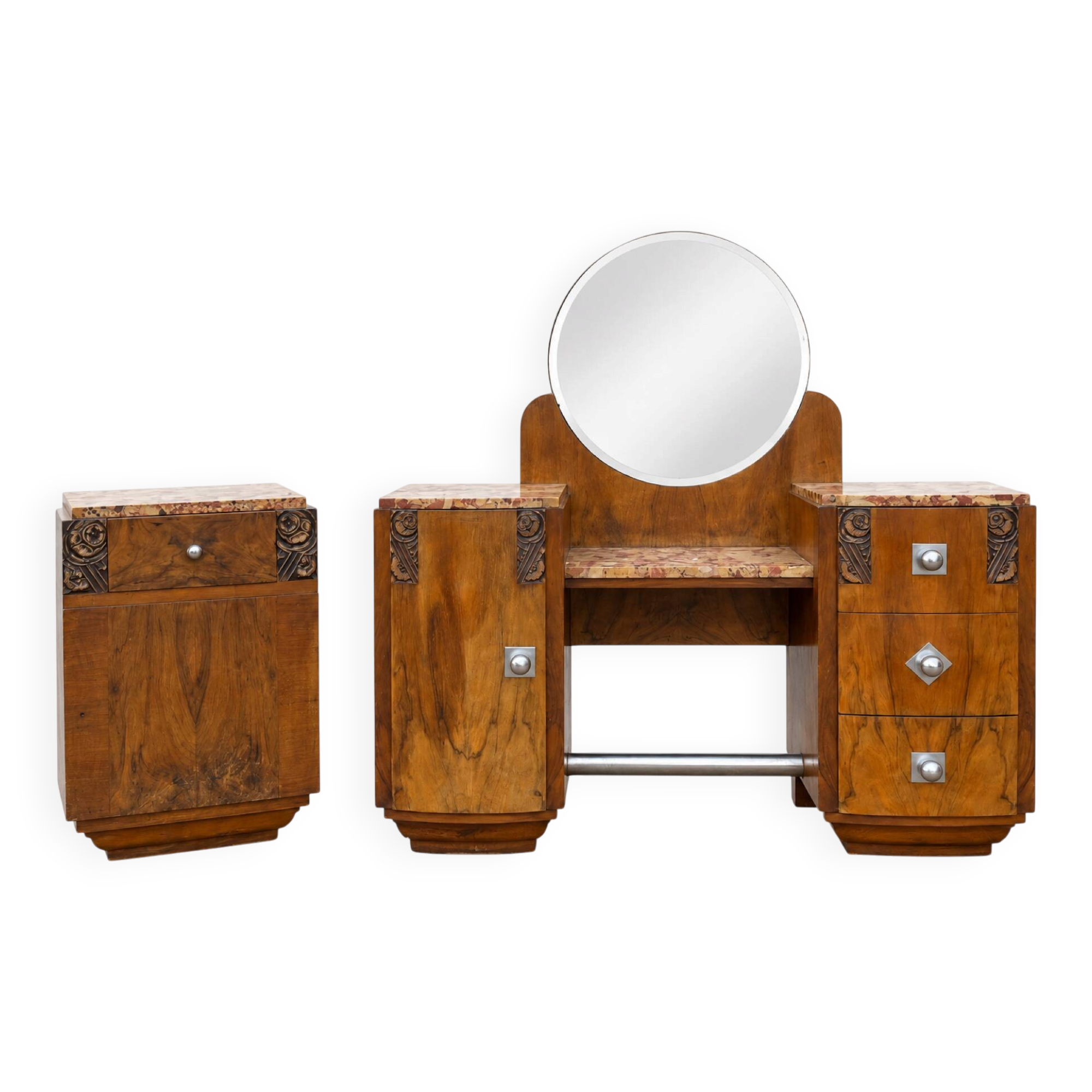 Ensemble coiffeuse 1930 Art Déco en Noyer avec dessus marbre et chevet