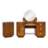 1930s Art Deco dressing table set in walnut with marble top and bedside table.