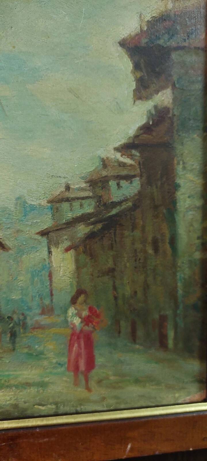 Antique oil painting on faesite early 1900s countryside view