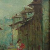 Antique oil painting on faesite early 1900s countryside view