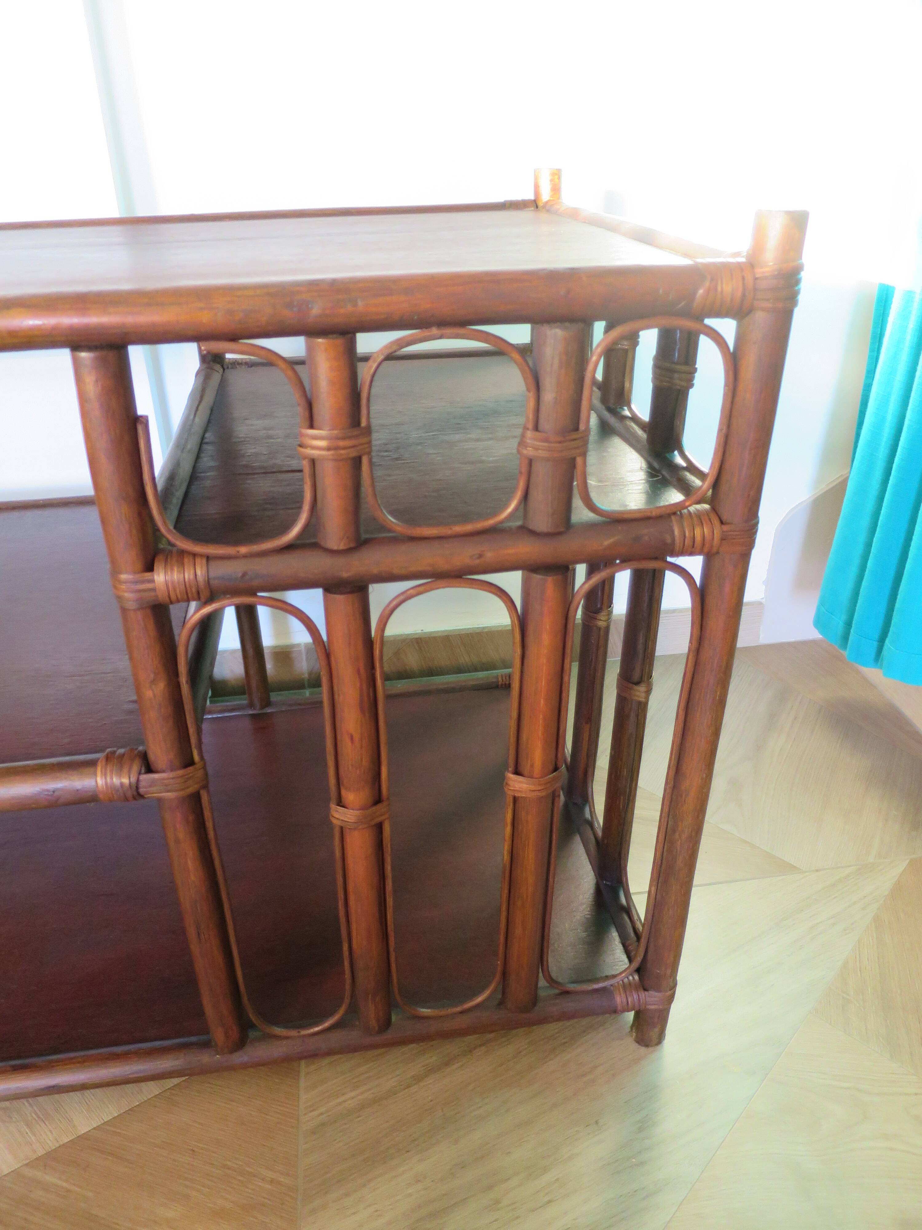 Retro side table - vinyl furniture - rattan and bamboo - 1980s
