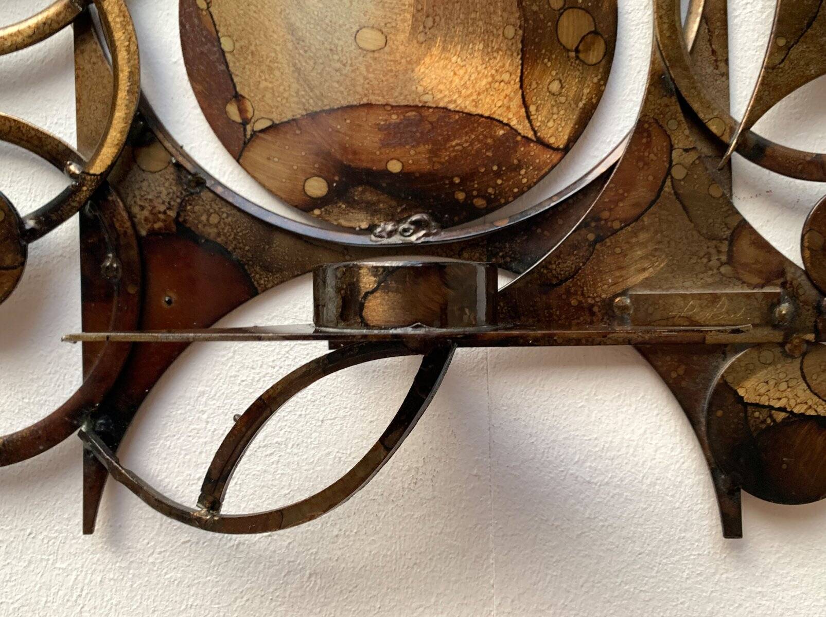 Brutalist mid-century Danish metal wall sculpture and candle holder by Henrik Horst.