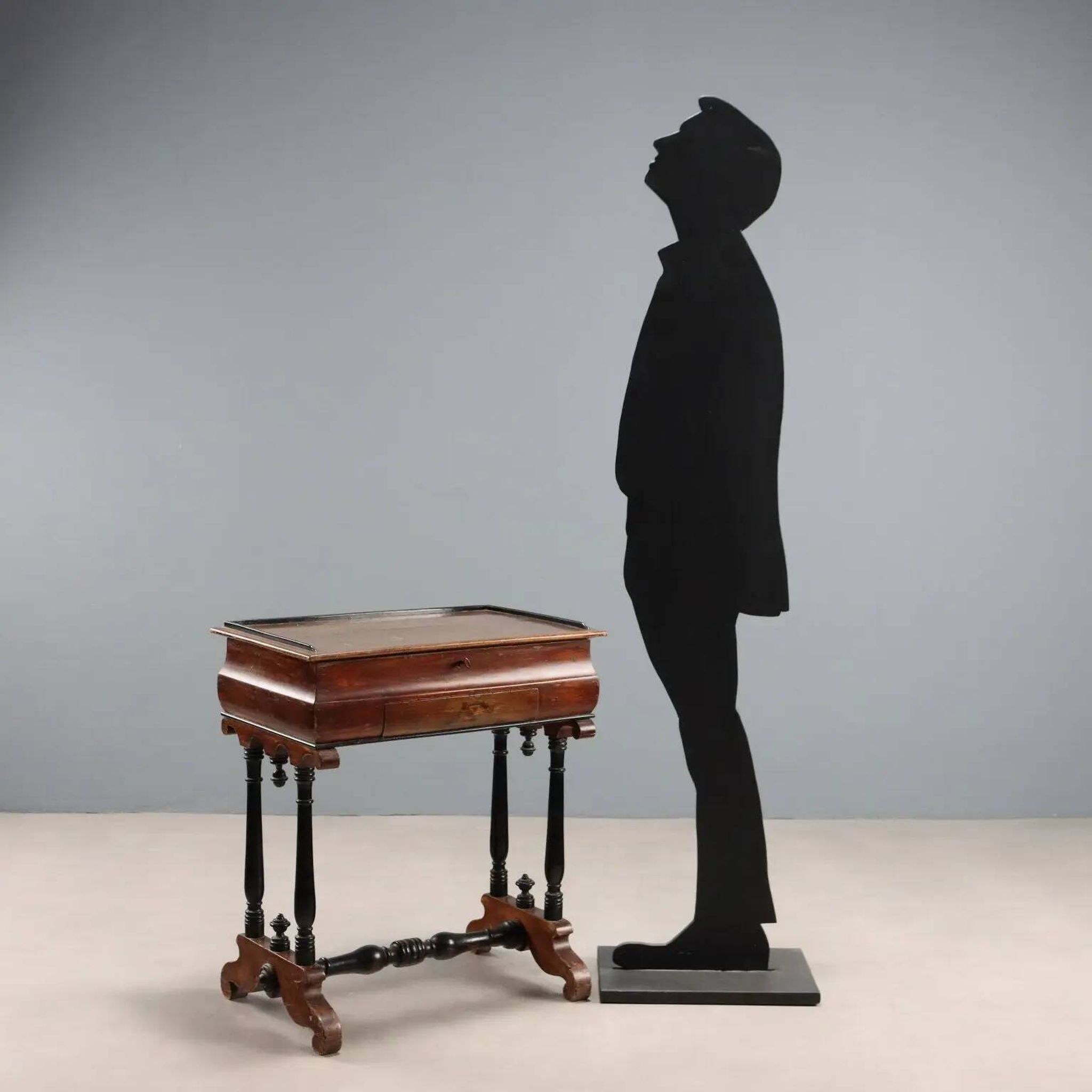 Antique sewing table in painted poplar with walnut effect, Italy, late 19th century.