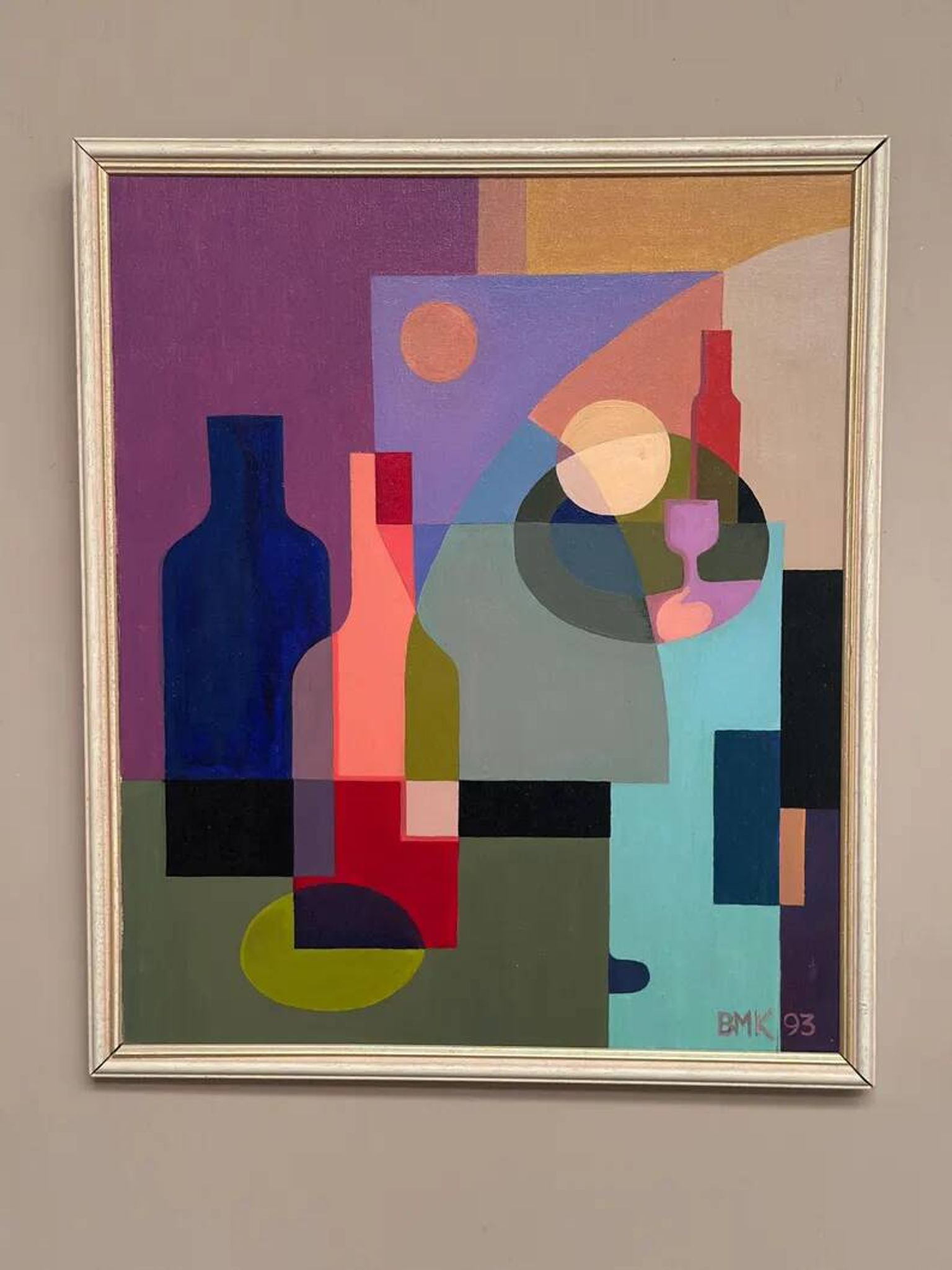 Original Swedish Oil on Canvas – "Abstract Still Life" by BMK (1993) – Signed – Vintage and Framed – 60 × 51 cm
