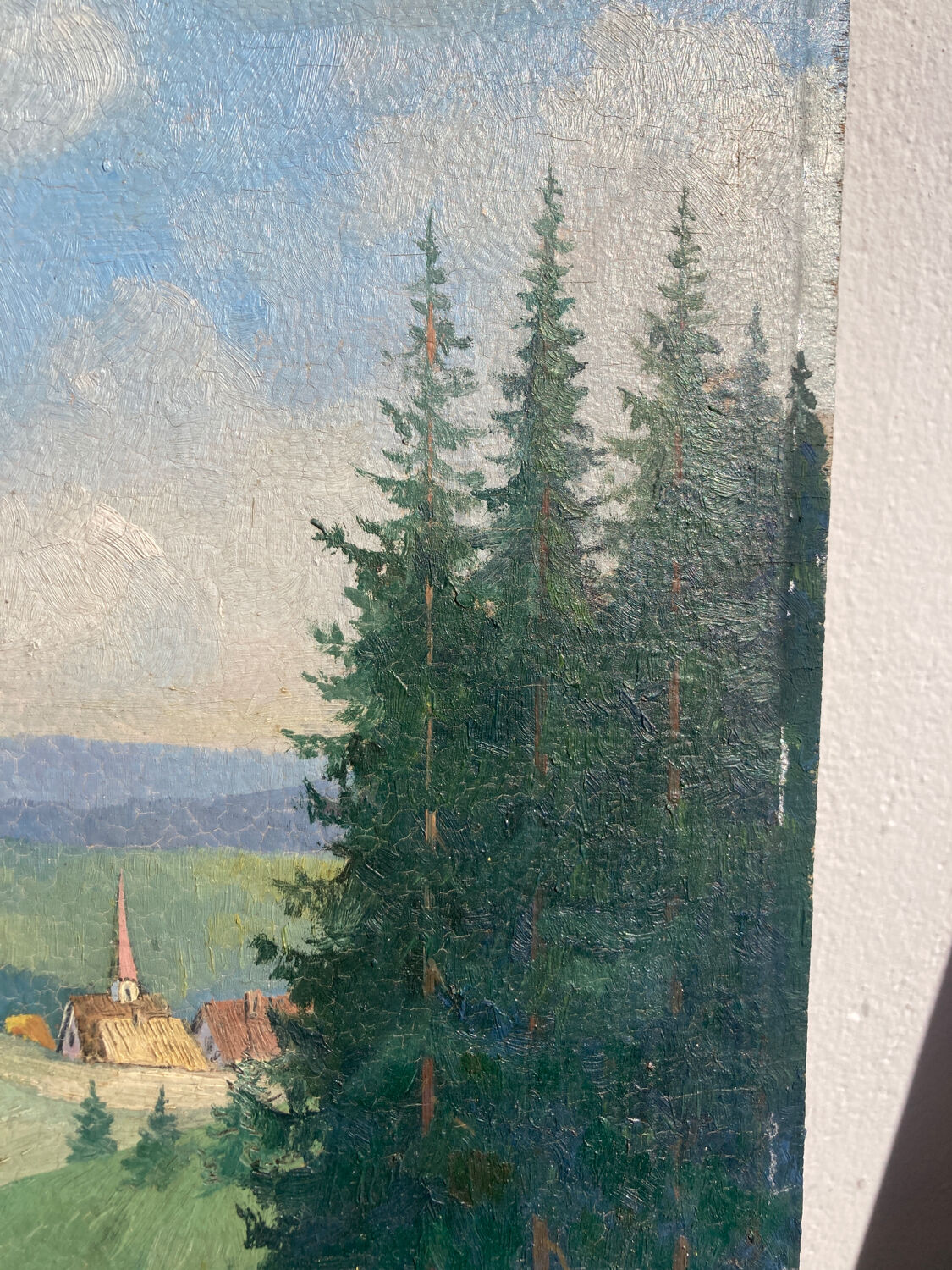 Old oil painting on wood panel / painting of a landscape