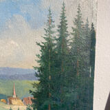 Old oil painting on wood panel / painting of a landscape