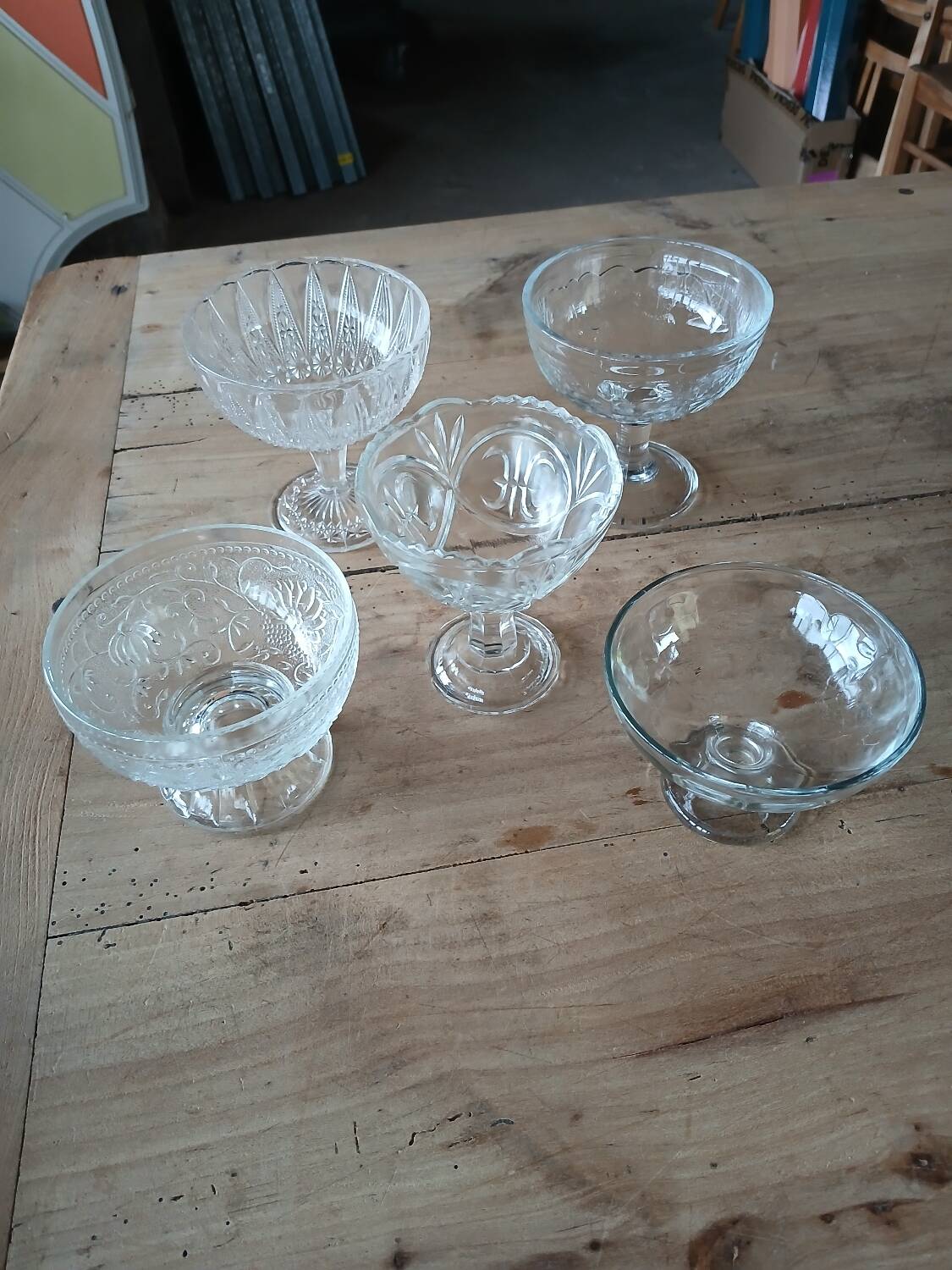 5 antique clear glass cups