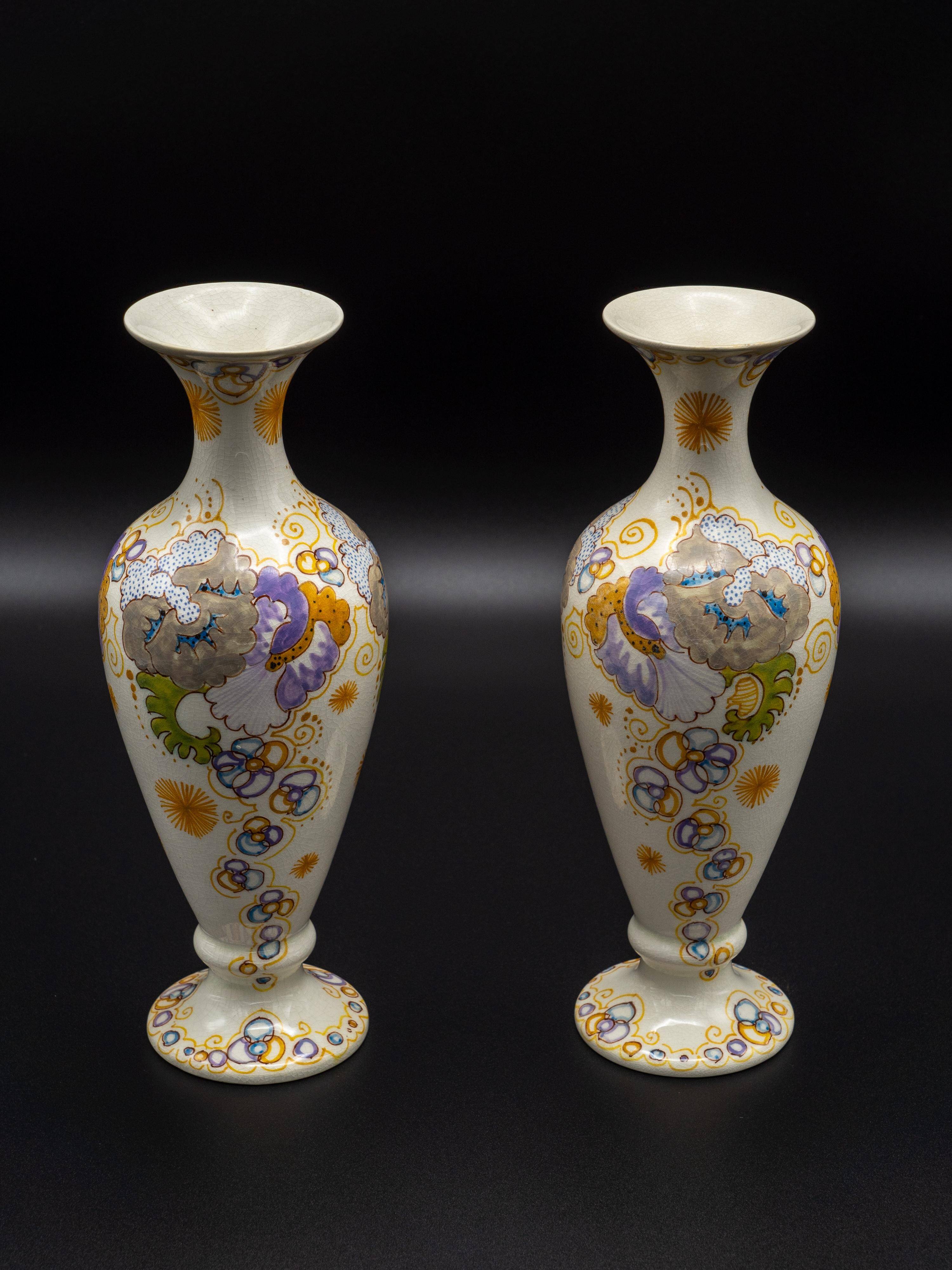 Pair of hand-painted ceramic vases in Dutch Art Nouveau Gouda PZH, 'Violetta', 1899