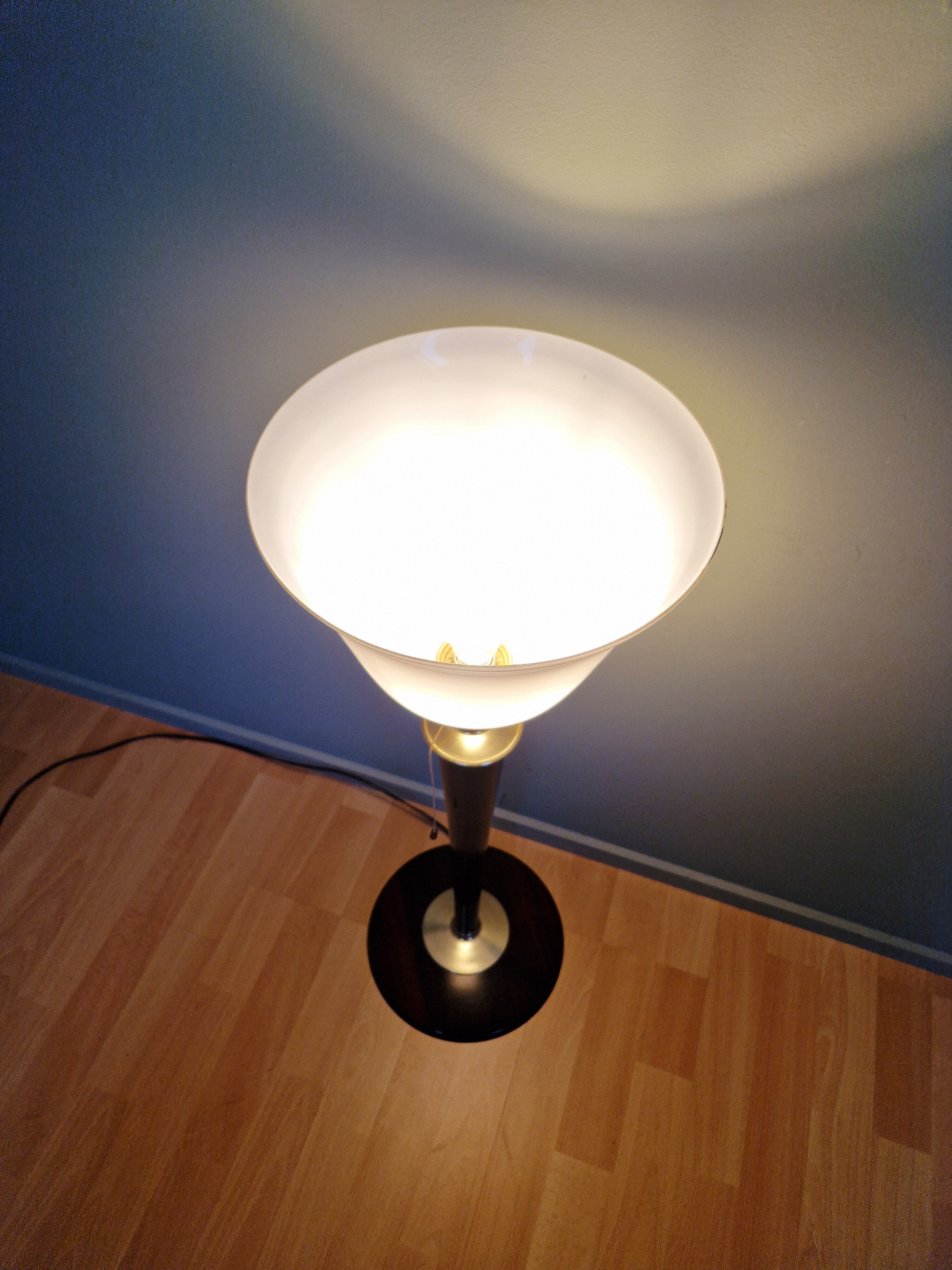 Large Art Deco Mazda lamp in wood, brass, and white opaline, 1930.